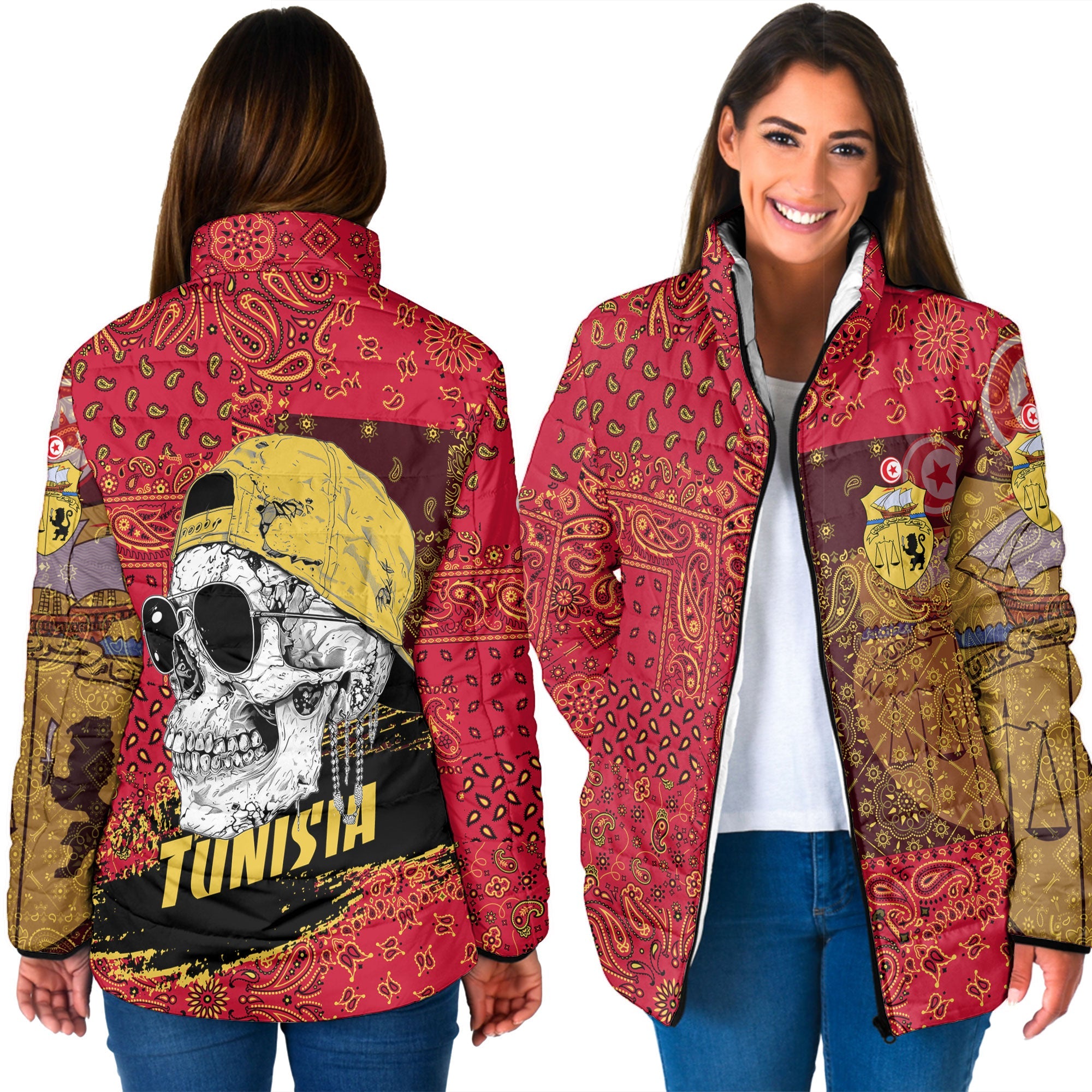 Tunisia Women Padded Jacket Paisley Flag And Skull Style 3