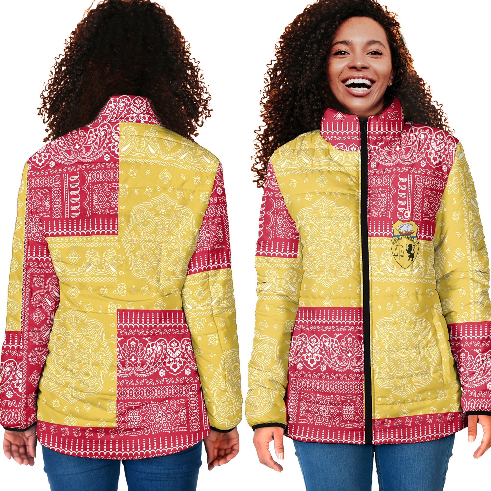 Tunisia Women Padded Jacket Flag And Paisley Basic Style 4