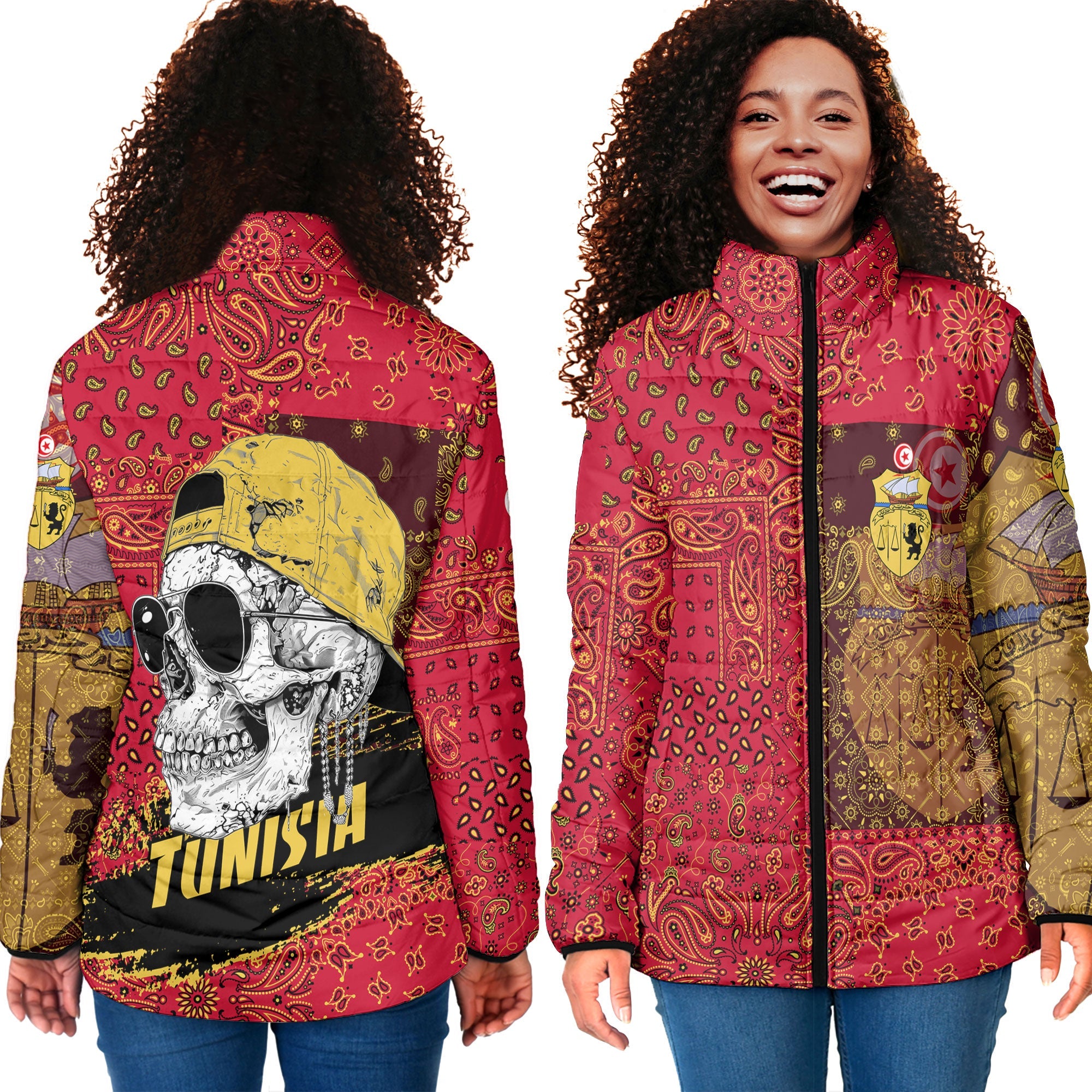 Tunisia Women Padded Jacket Paisley Flag And Skull Style 4