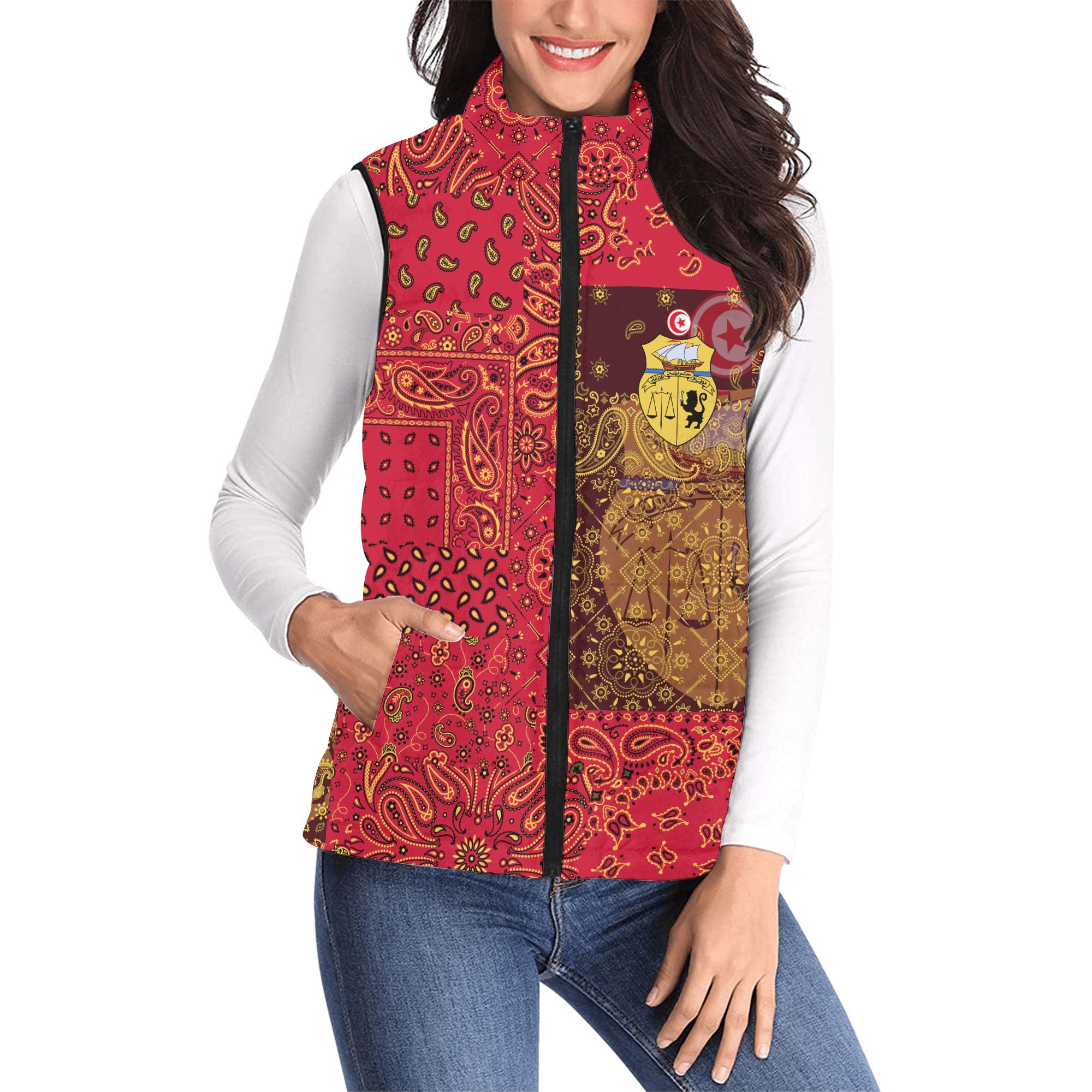 Tunisia Women Padded Jacket Vest Paisley Flag And Skull Style 1