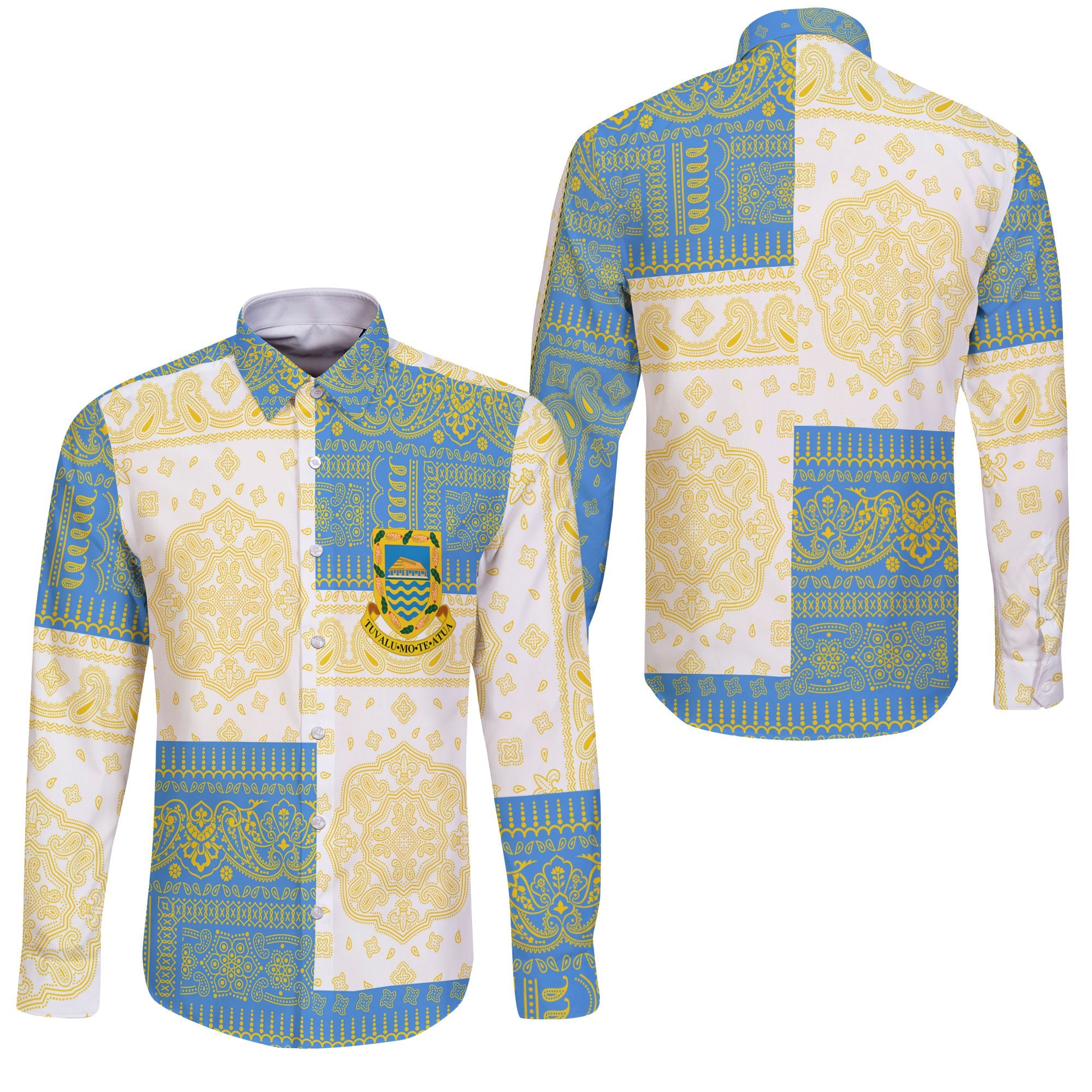 Tuvalu Long Sleeve Button Shirt Flag And Paisley Basic Style 3