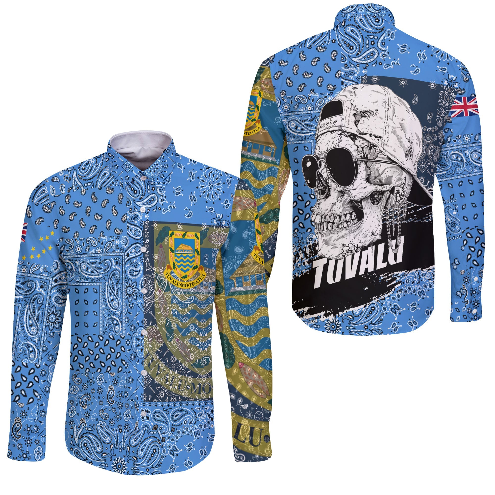 Tuvalu Long Sleeve Button Shirt Paisley Flag And Skull Style 3