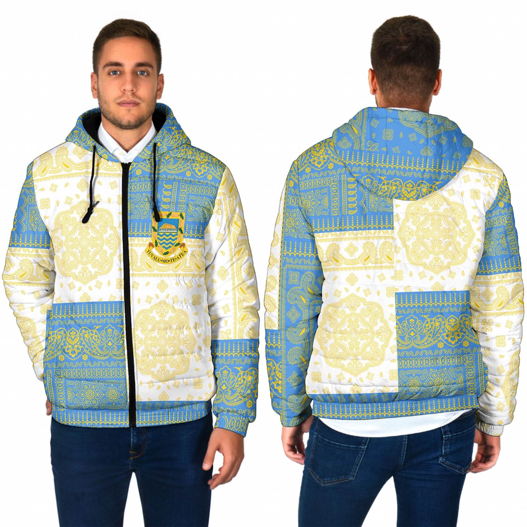 Tuvalu Men Hooded Padded Jacket Flag And Paisley Basic Style 1