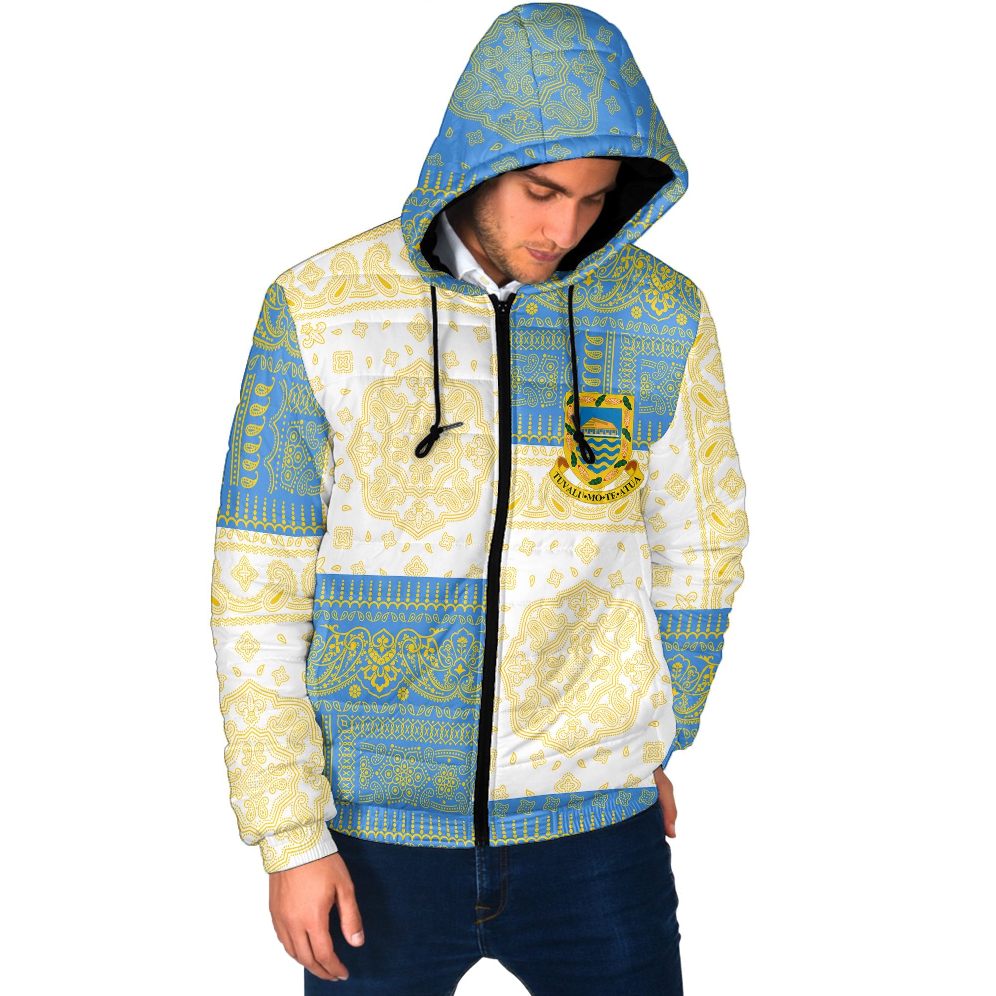 Tuvalu Men Hooded Padded Jacket Flag And Paisley Basic Style 3