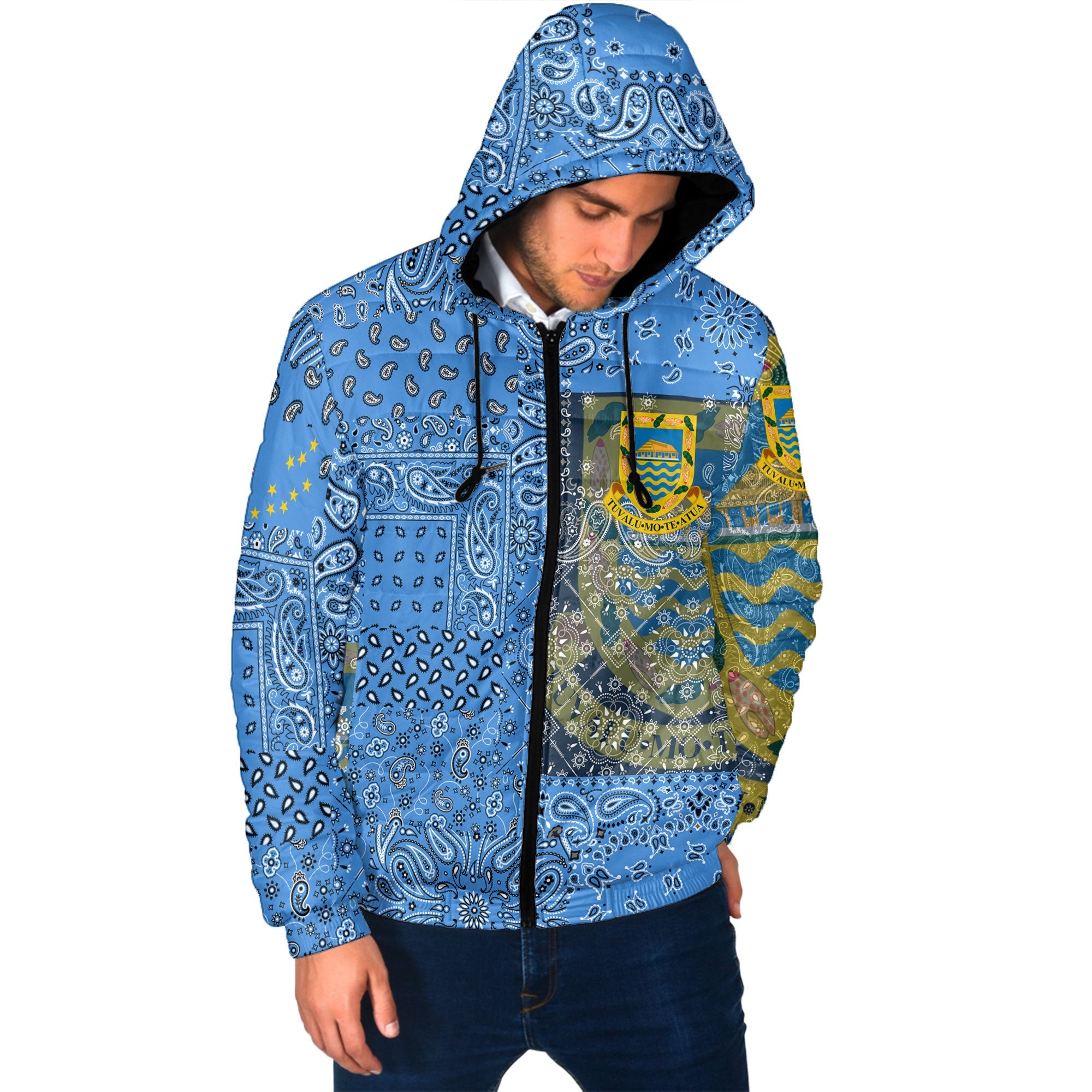 Tuvalu Men Hooded Padded Jacket Paisley Flag And Skull Style 3