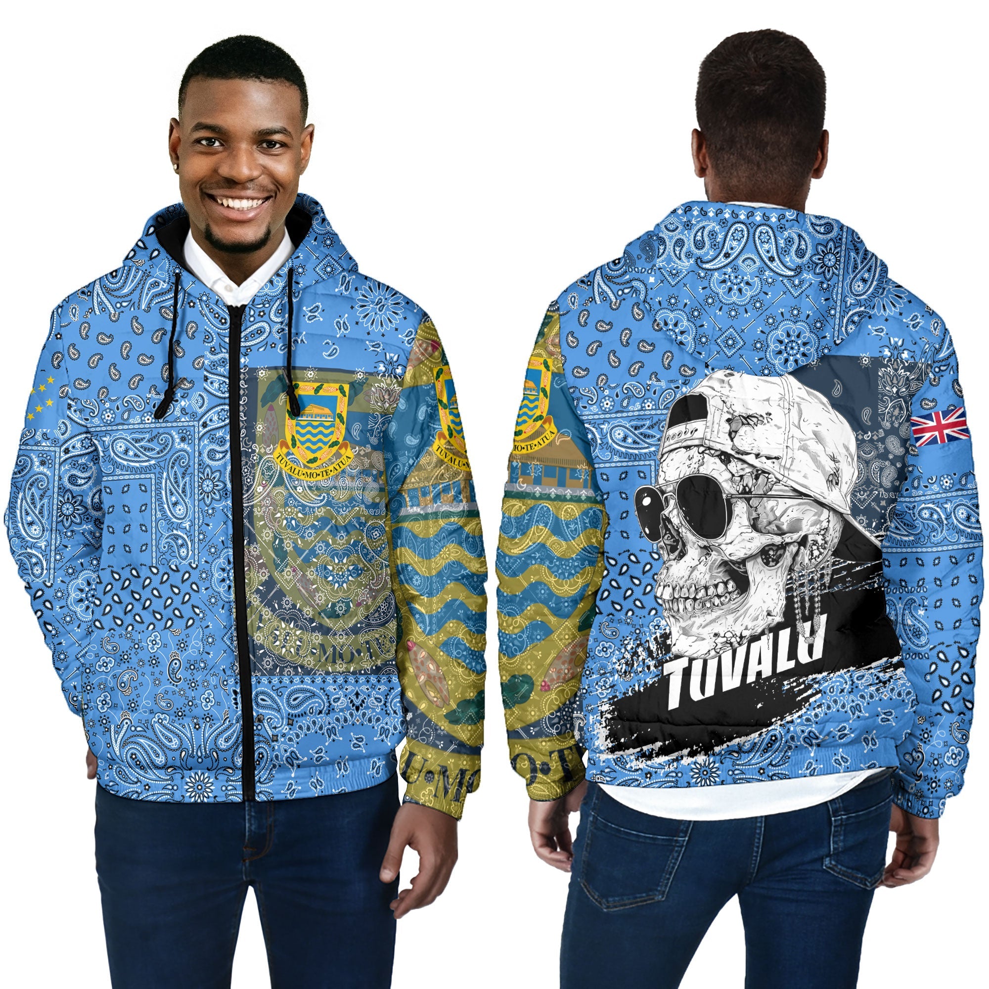 Tuvalu Men Hooded Padded Jacket Paisley Flag And Skull Style 2