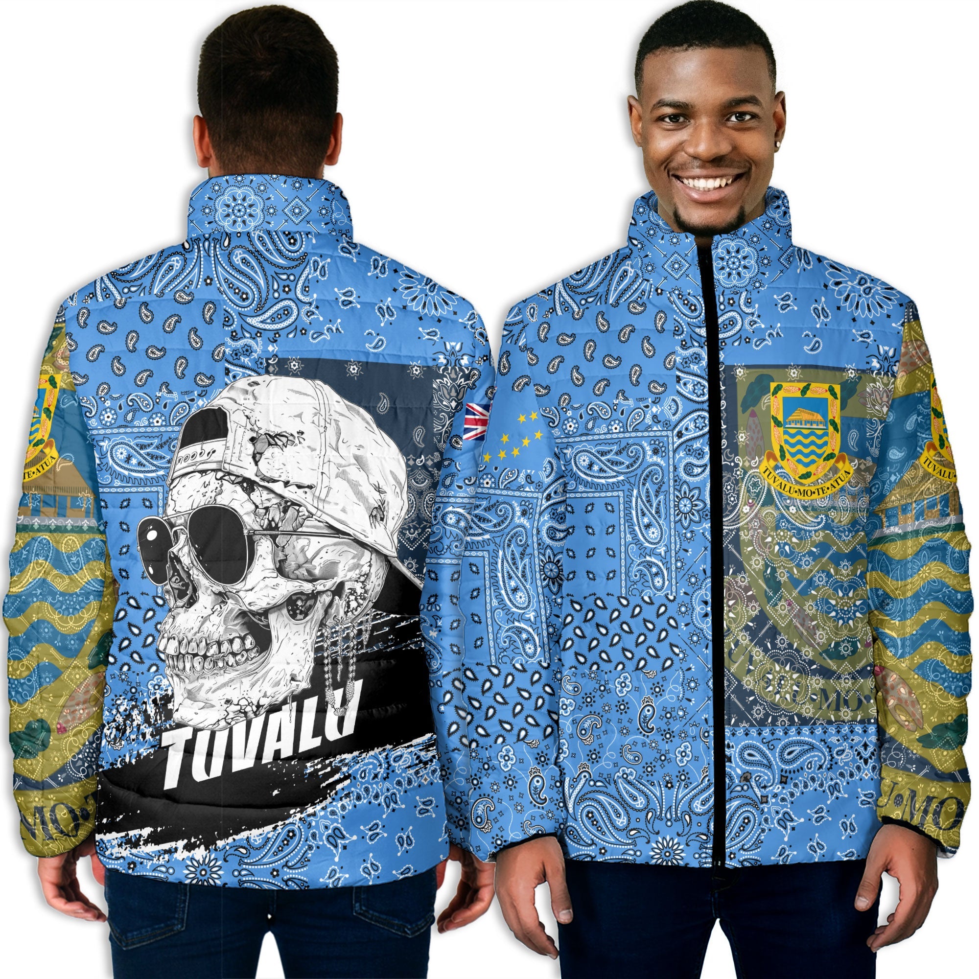 Tuvalu Men Padded Jacket Paisley Flag And Skull Style 2