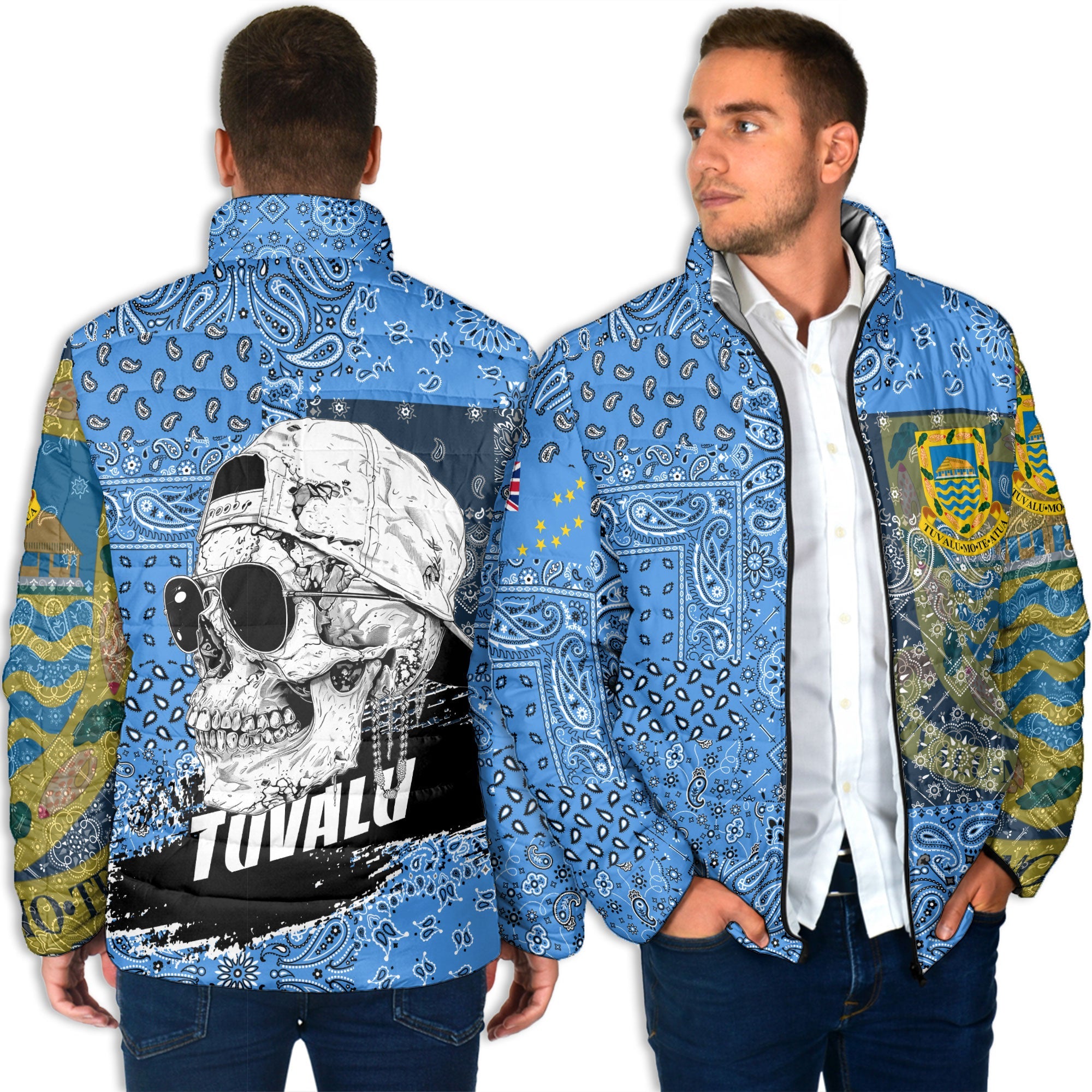 Tuvalu Men Padded Jacket Paisley Flag And Skull Style 3