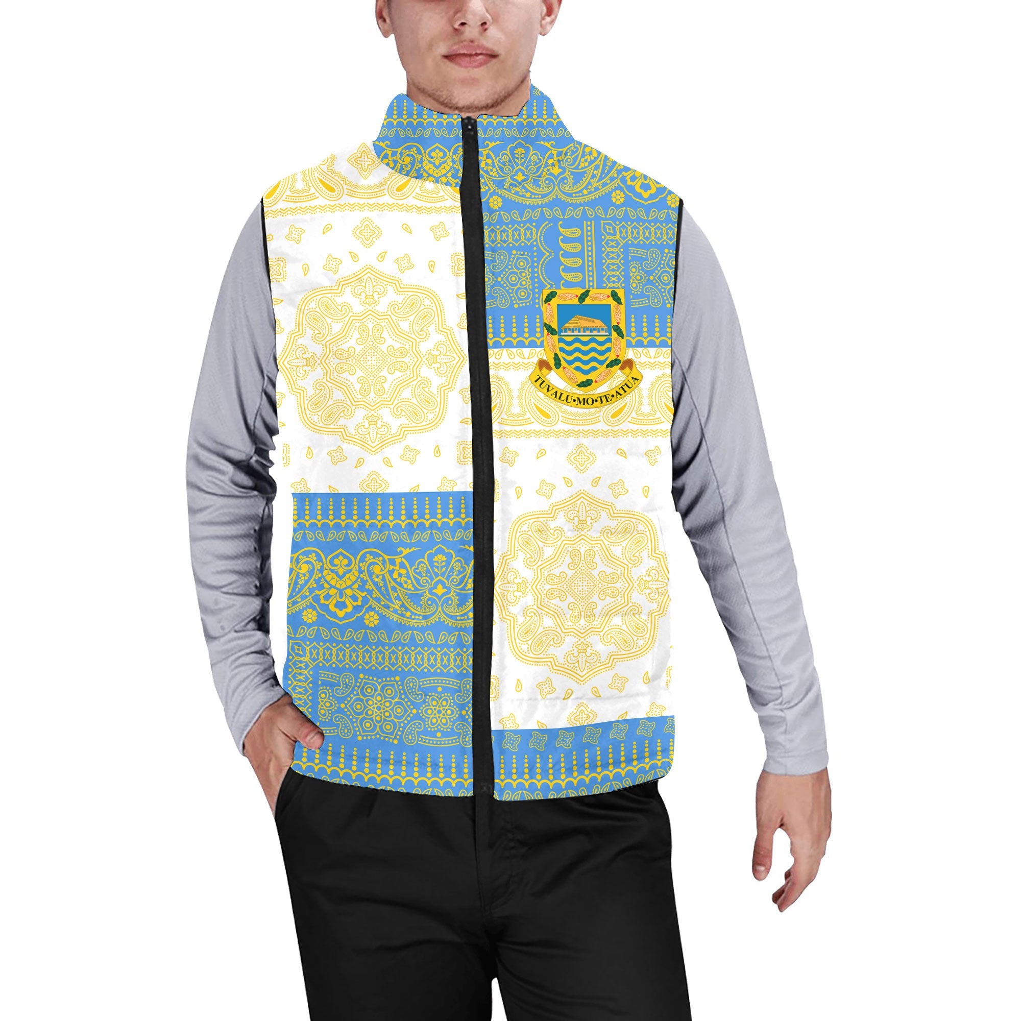 Tuvalu Men Padded Jacket Vest Flag And Paisley Basic Style 1