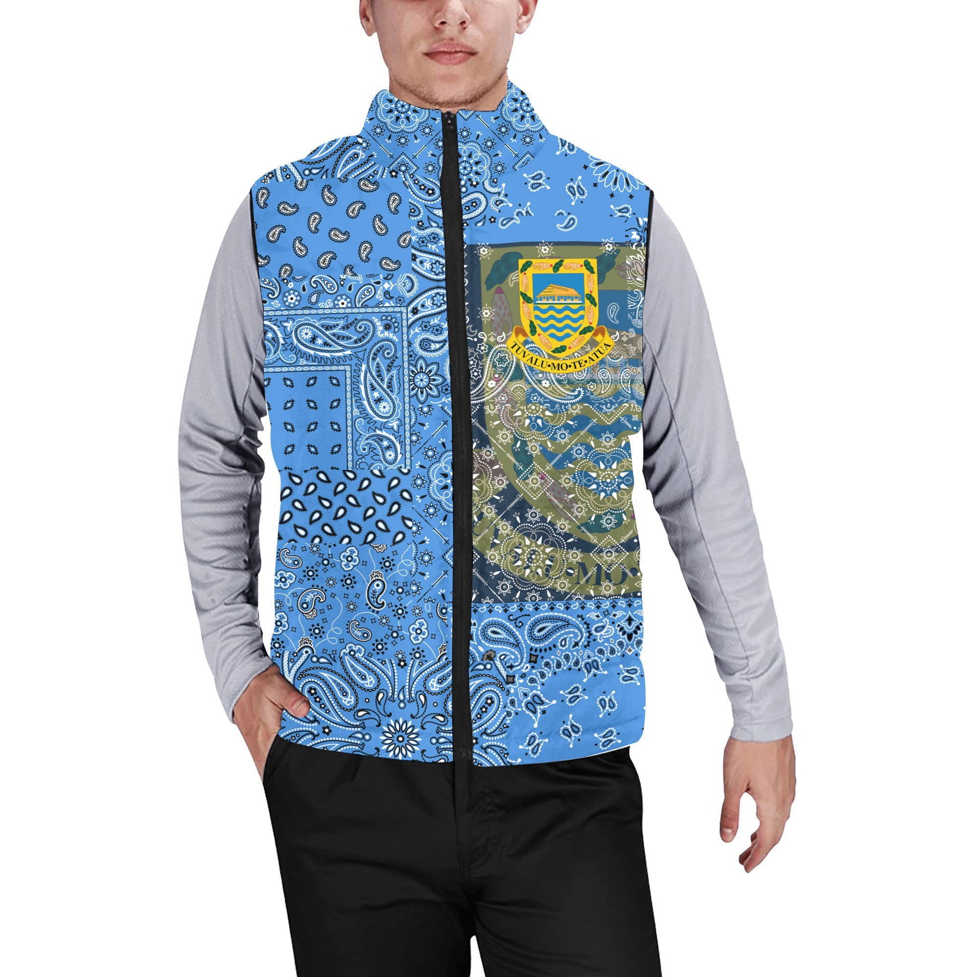 Tuvalu Men Padded Jacket Vest Paisley Flag And Skull Style 1