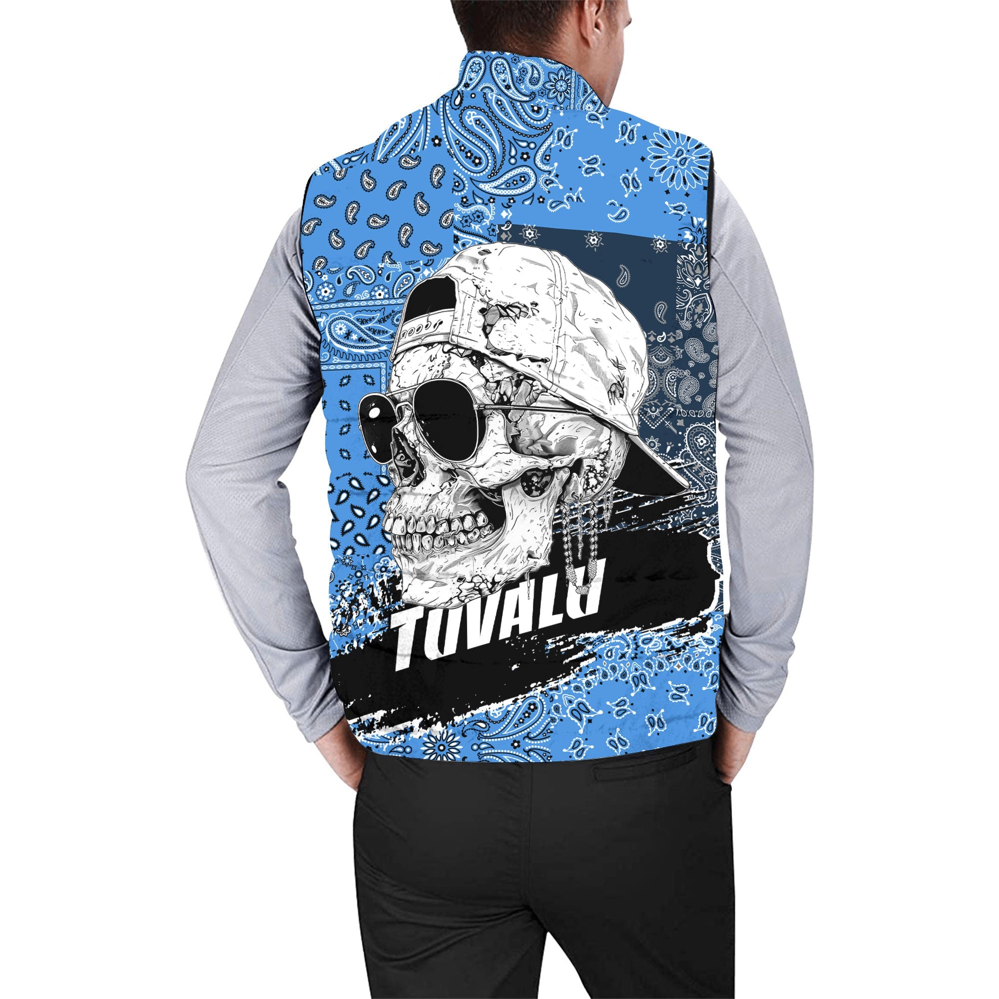 Tuvalu Men Padded Jacket Vest Paisley Flag And Skull Style 2