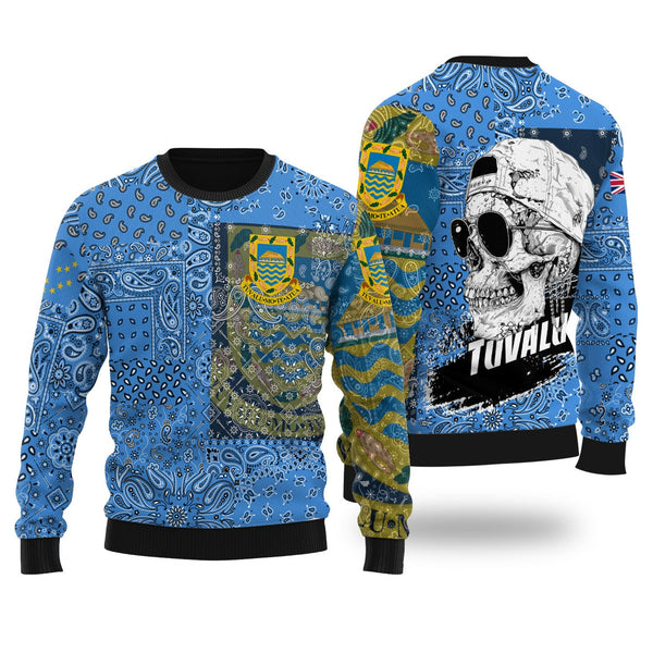 Tuvalu Ugly Sweater Paisley Flag And Skull Style 1