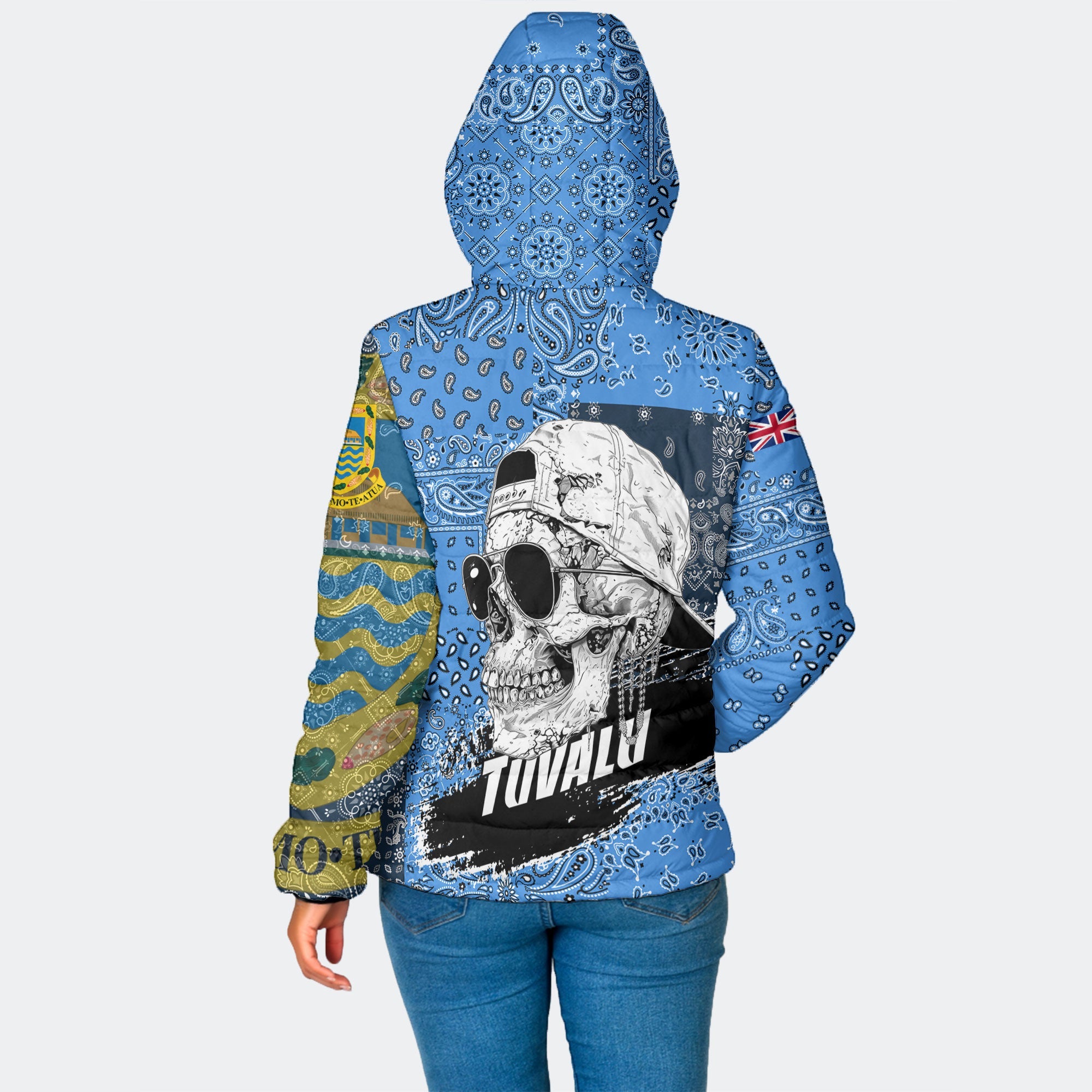 Tuvalu Women Hooded Padded Jacket Paisley Flag And Skull Style 2