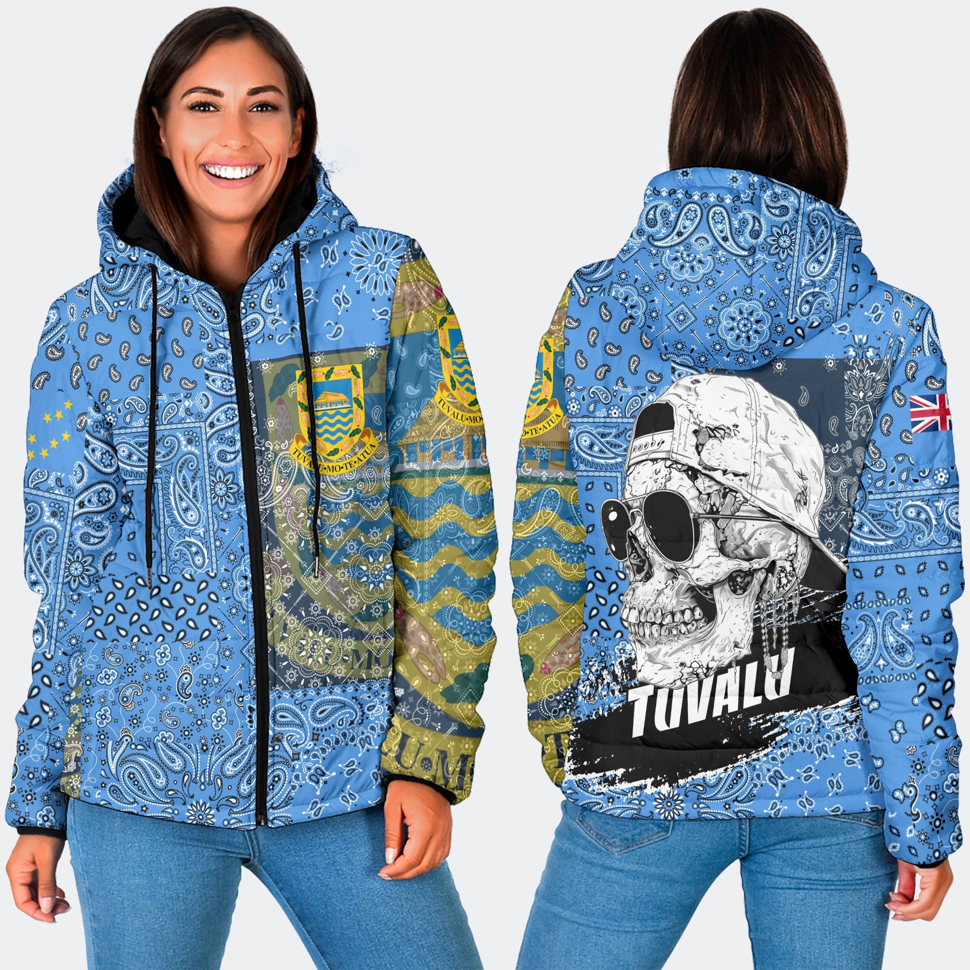 Tuvalu Women Hooded Padded Jacket Paisley Flag And Skull Style 3