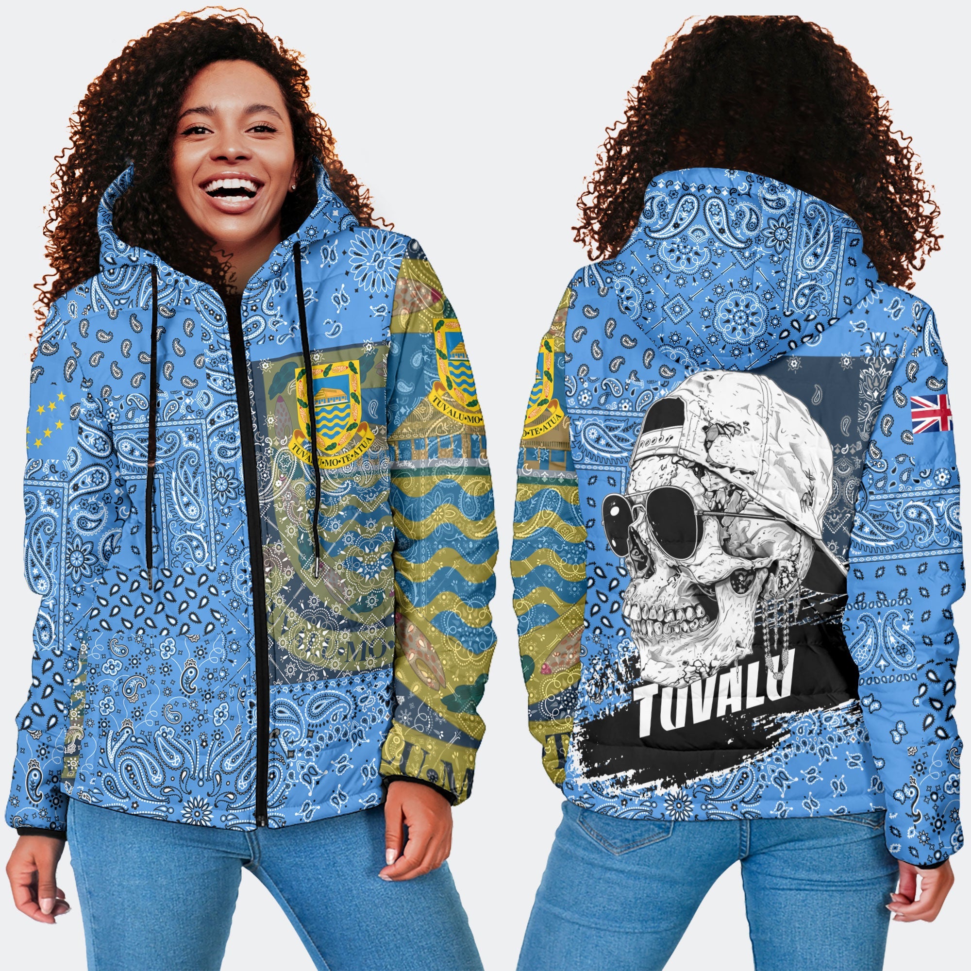 Tuvalu Women Hooded Padded Jacket Paisley Flag And Skull Style 4