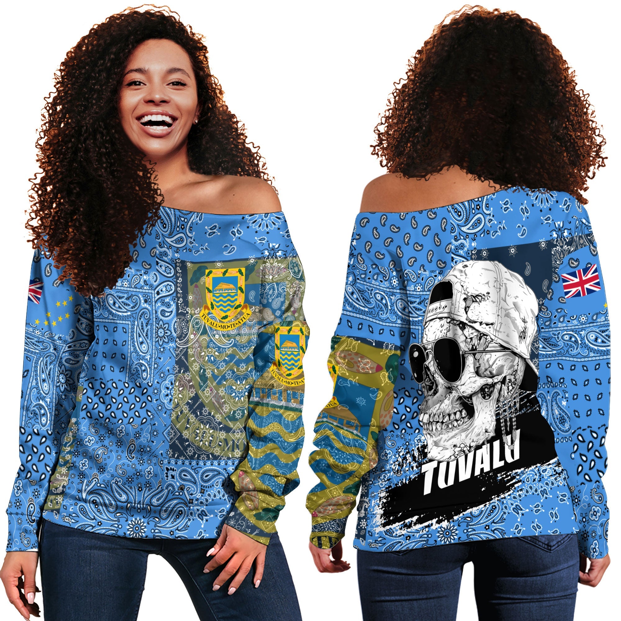 Tuvalu Women Off Shoulder Sweatshirt Paisley Flag And Skull Style 1