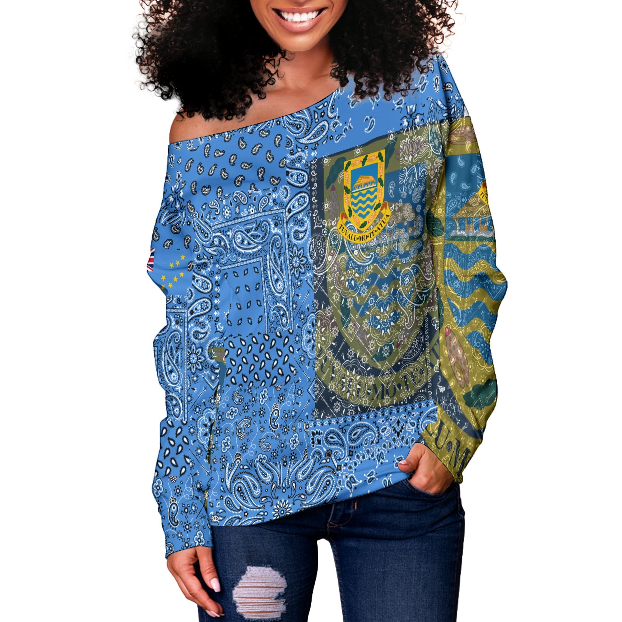 Tuvalu Women Off Shoulder Sweatshirt Paisley Flag And Skull Style 2