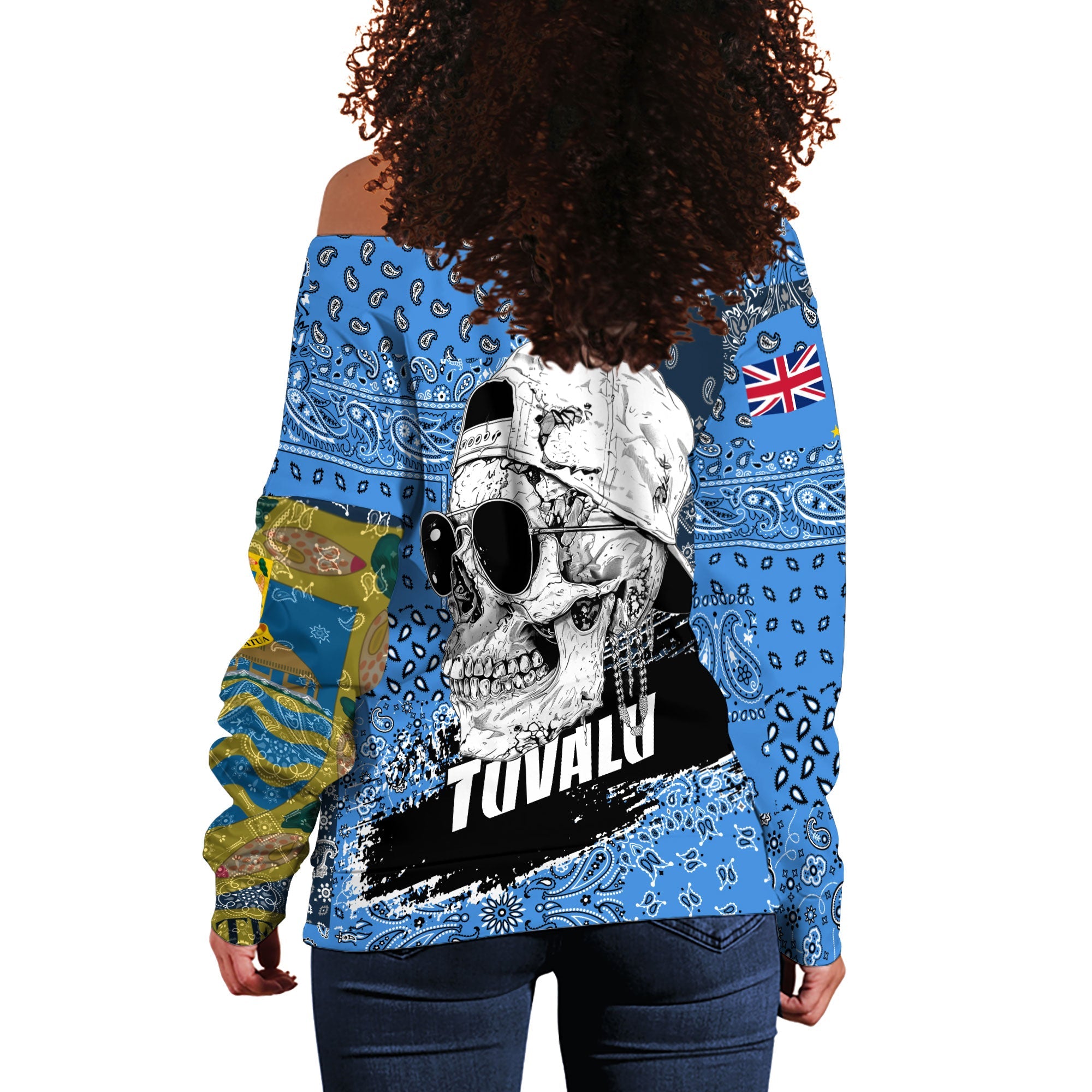 Tuvalu Women Off Shoulder Sweatshirt Paisley Flag And Skull Style 3