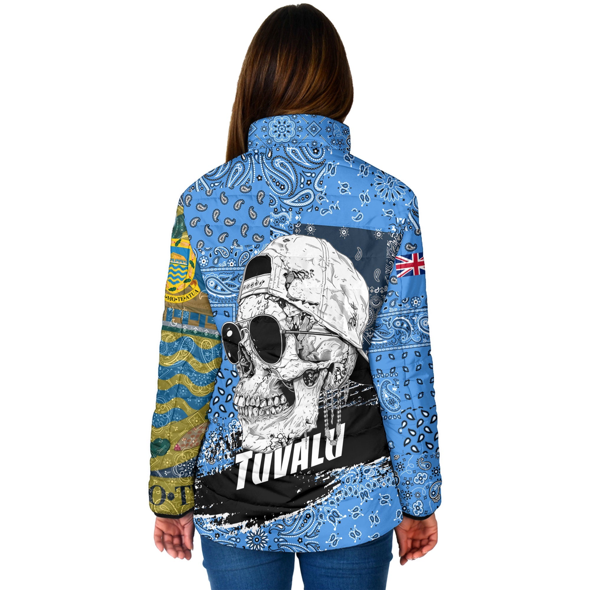 Tuvalu Women Padded Jacket Paisley Flag And Skull Style 2