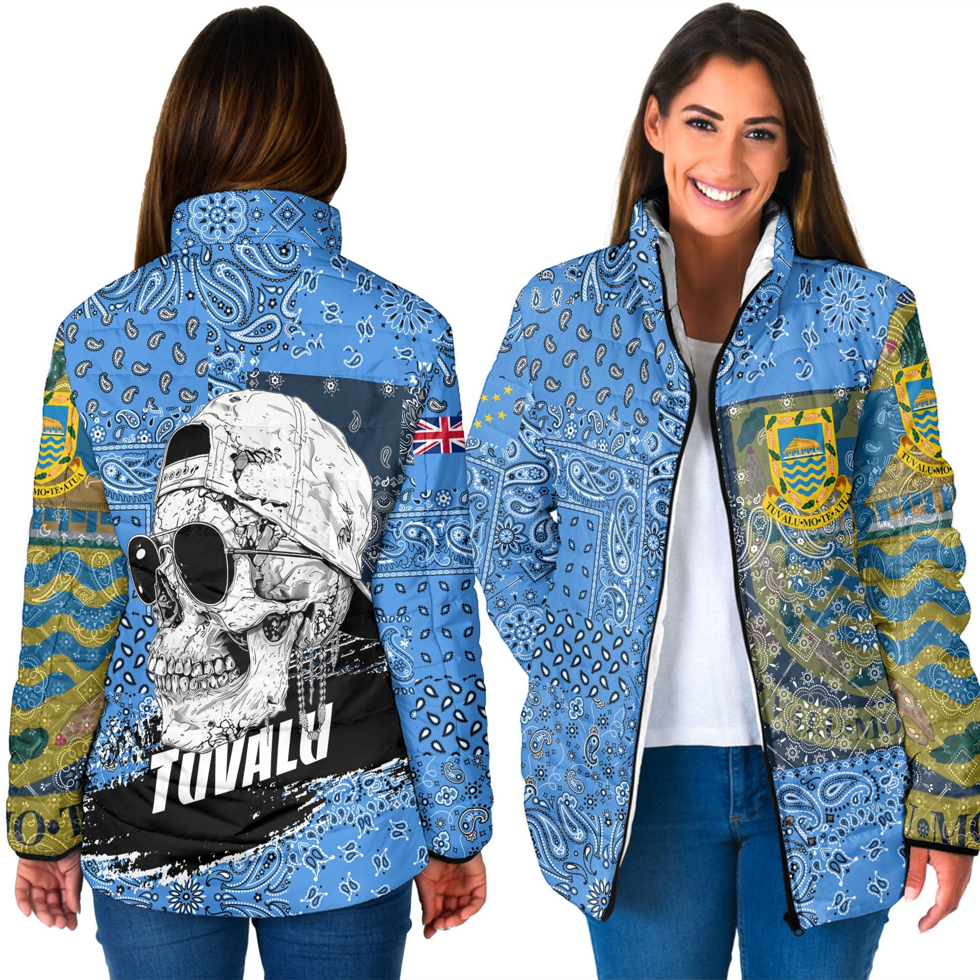 Tuvalu Women Padded Jacket Paisley Flag And Skull Style 3