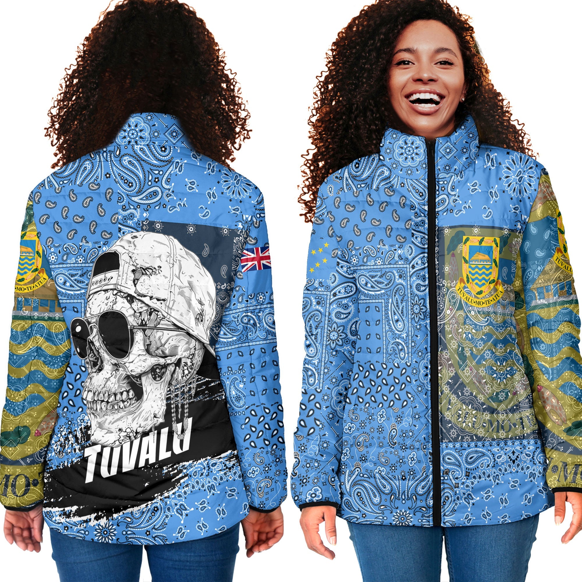 Tuvalu Women Padded Jacket Paisley Flag And Skull Style 4