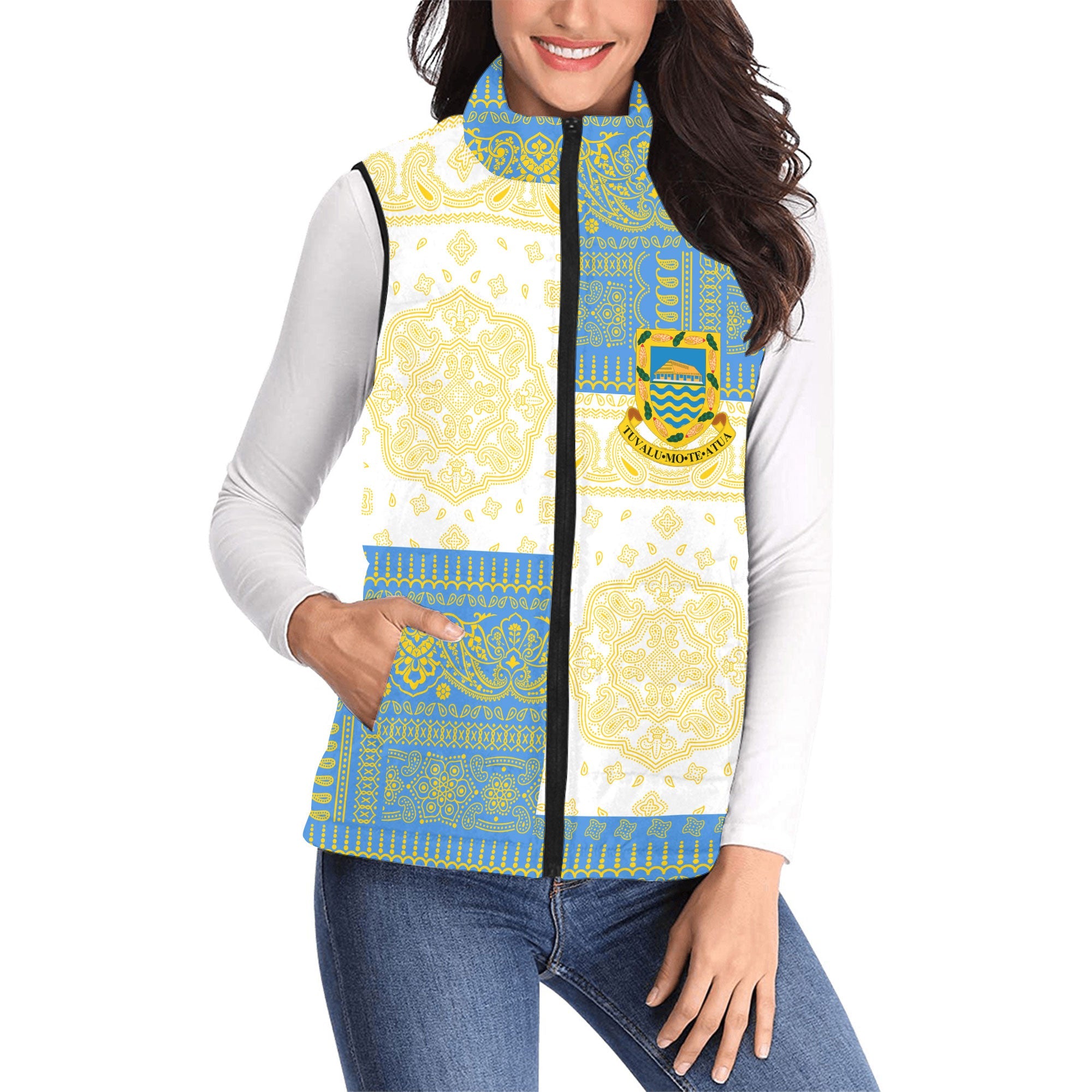 Tuvalu Women Padded Jacket Vest Flag And Paisley Basic Style 1