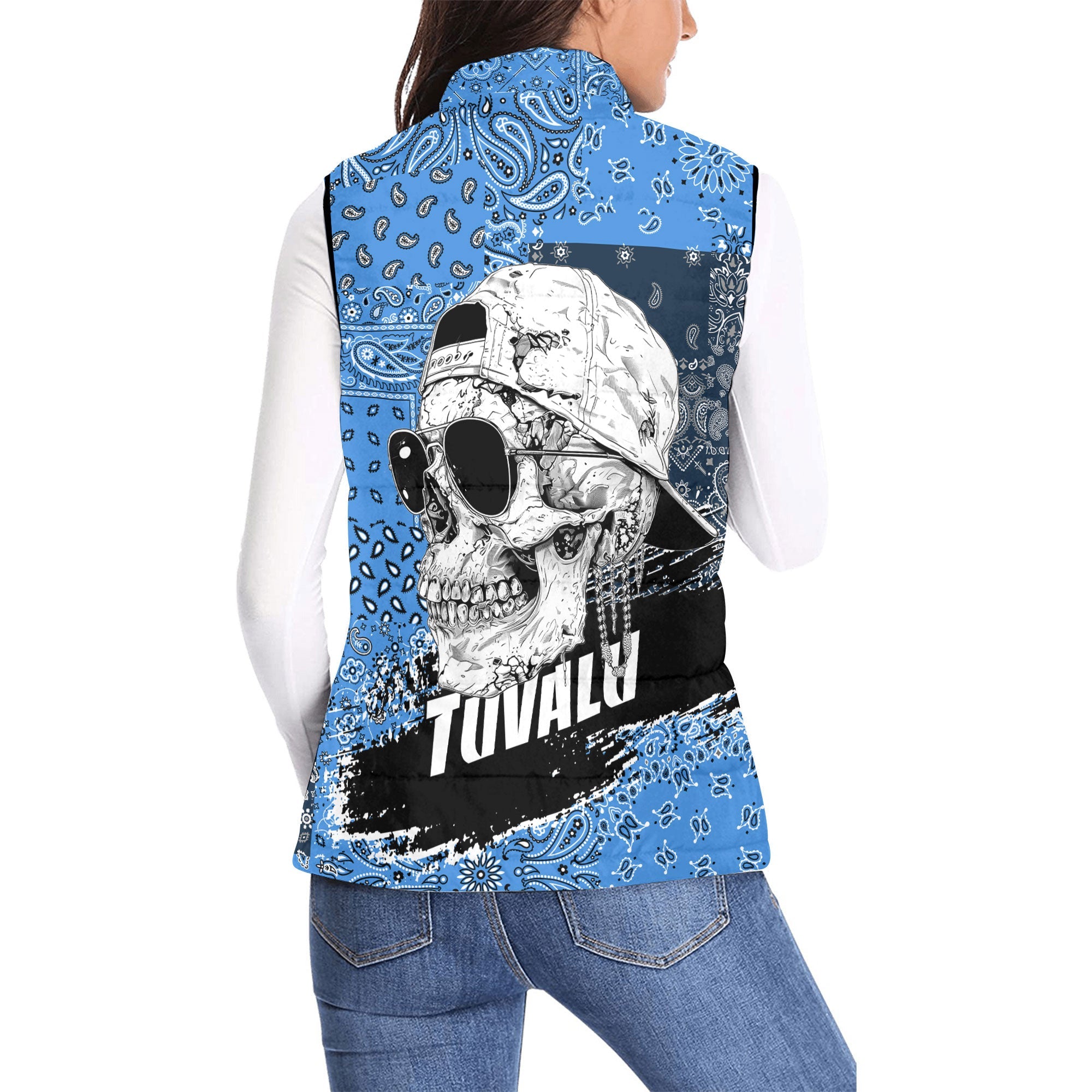 Tuvalu Women Padded Jacket Vest Paisley Flag And Skull Style 2