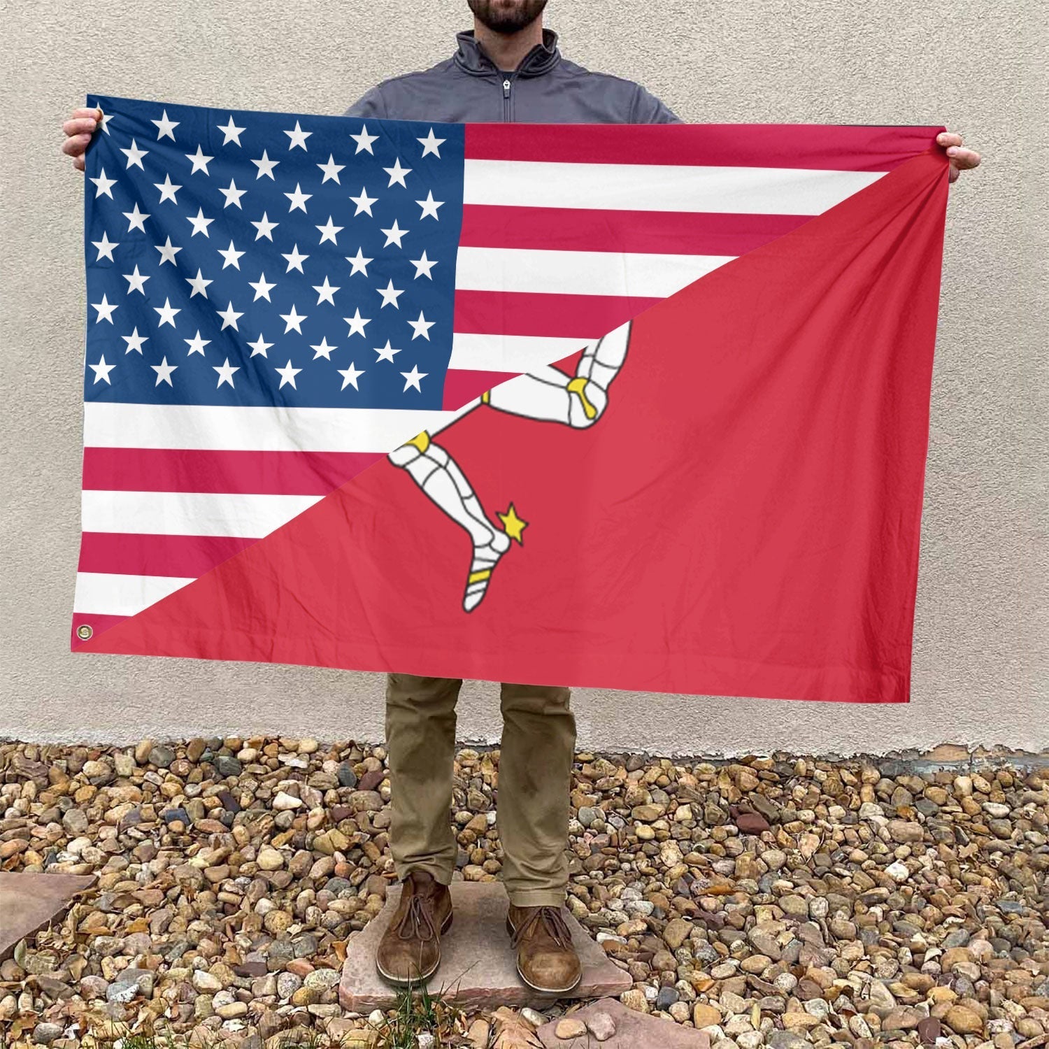 American Manx Flag, US And Isle of Man Polyester Friendship Blend Together Style 4
