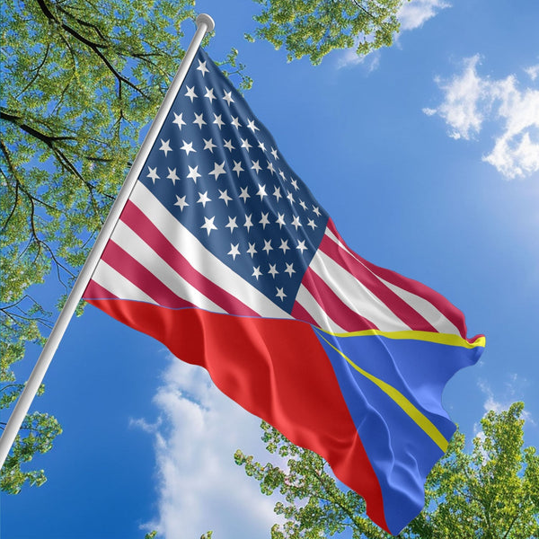 American Reunionese Flag, US And Reunion Polyester Friendship Blend Together Style 1