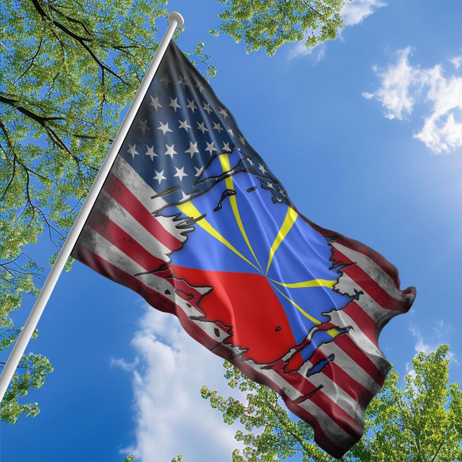 American Reunionese Flag, US And Reunion Polyester The Scratch Style 1