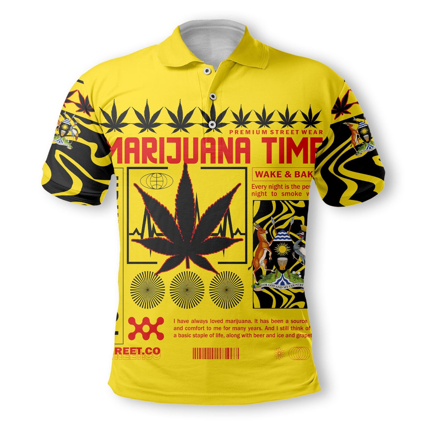 Uganda Polo Shirt Flag & Coat Of Arms Marijuanas Style