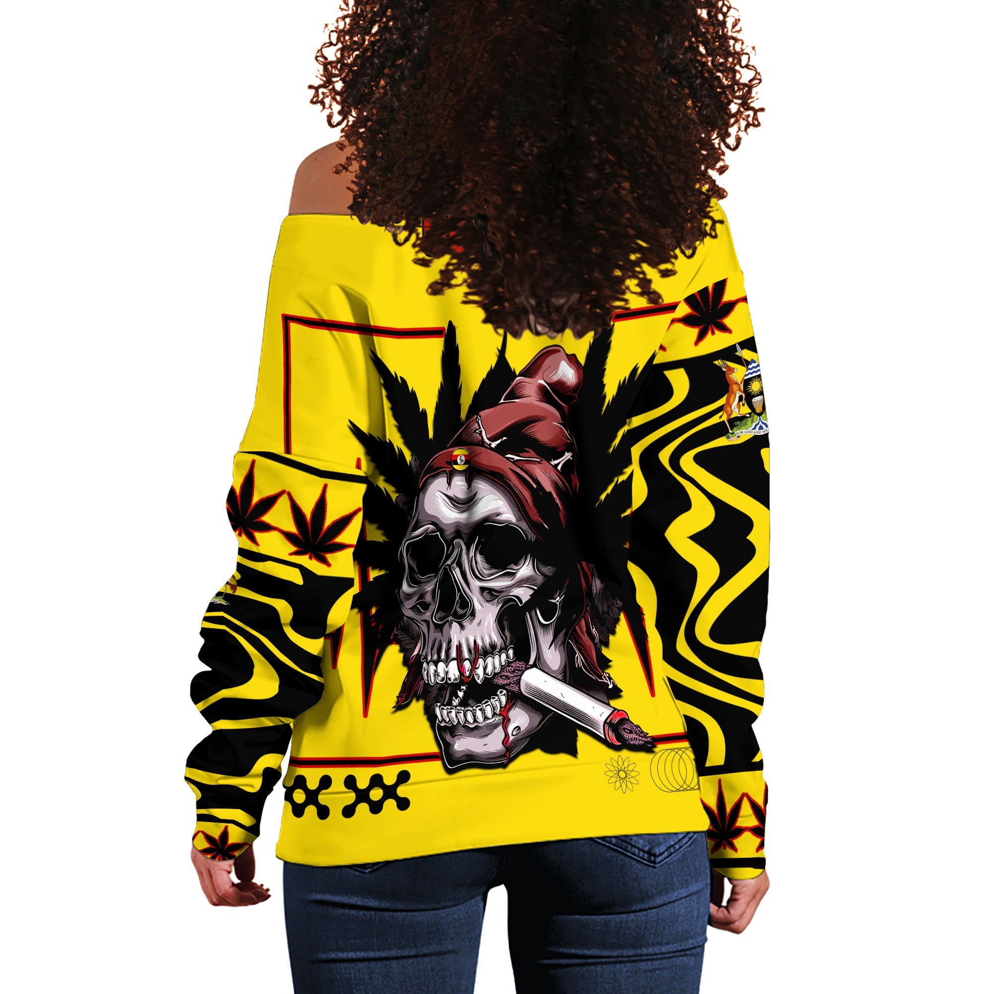 Uganda Women Off Shoulder Sweatshirt Flag & Coat Of Arms Marijuanas Style