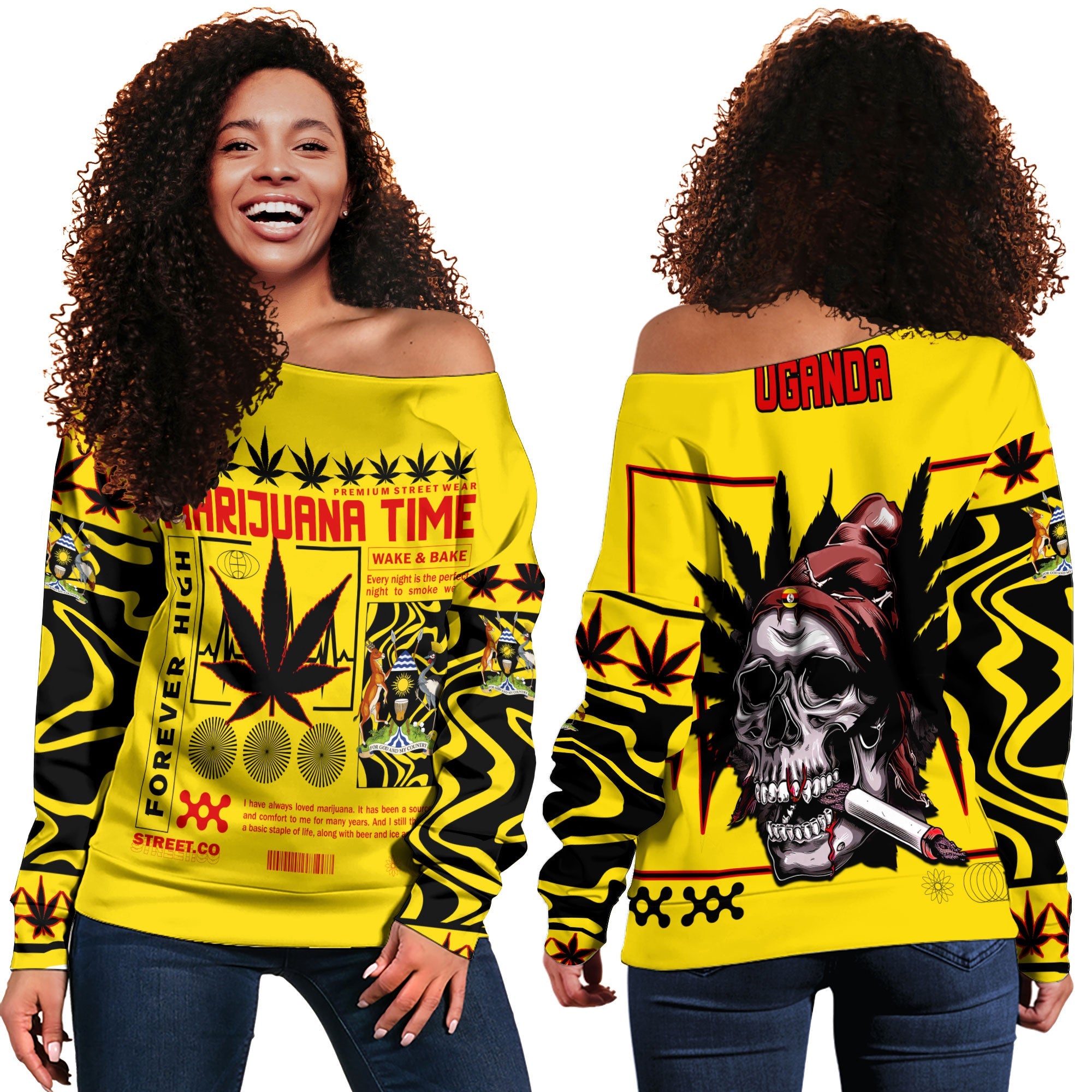 Uganda Women Off Shoulder Sweatshirt Flag & Coat Of Arms Marijuanas Style