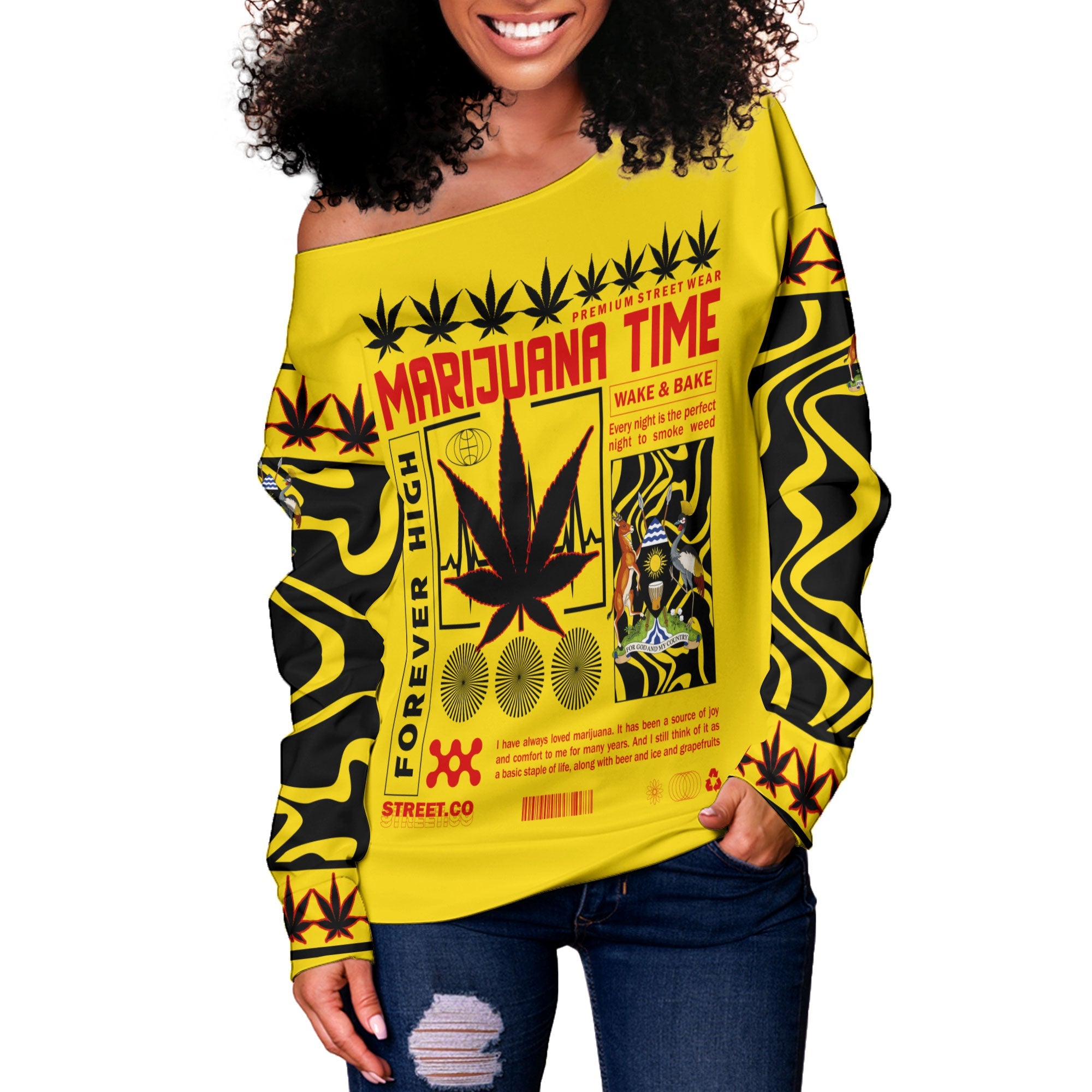 Uganda Women Off Shoulder Sweatshirt Flag & Coat Of Arms Marijuanas Style