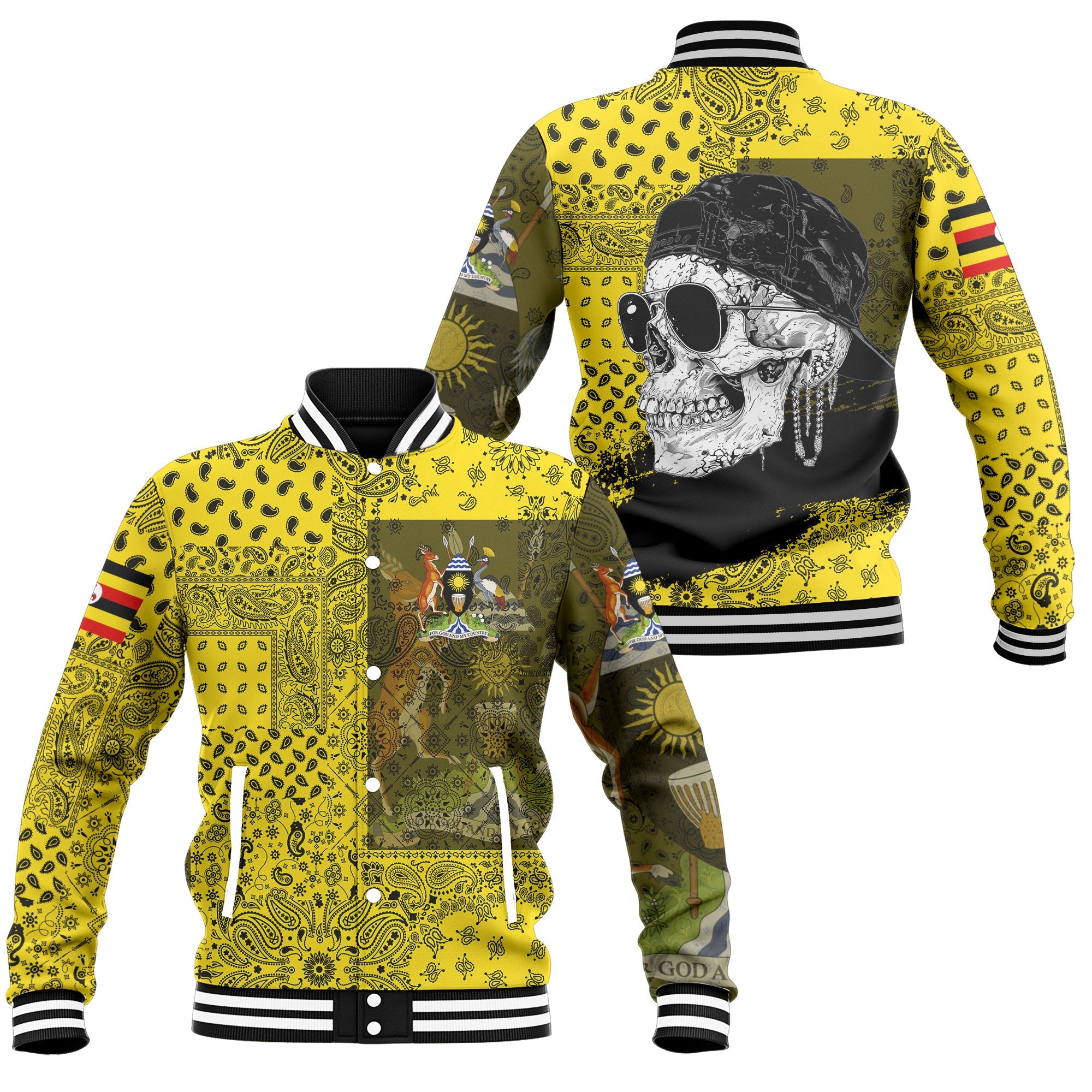 Uganda Baseball Jacket Paisley Flag And Skull Style 1