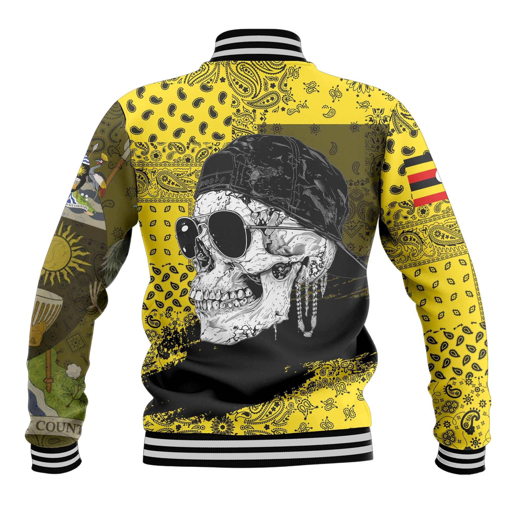 Uganda Baseball Jacket Paisley Flag And Skull Style 3