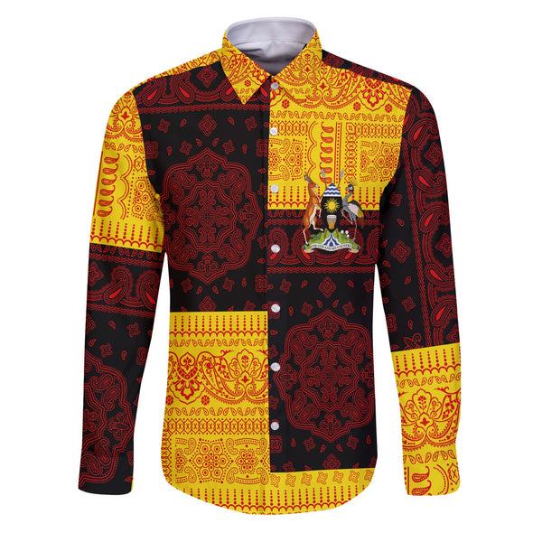 Uganda Long Sleeve Button Shirt Flag And Paisley Basic Style 1