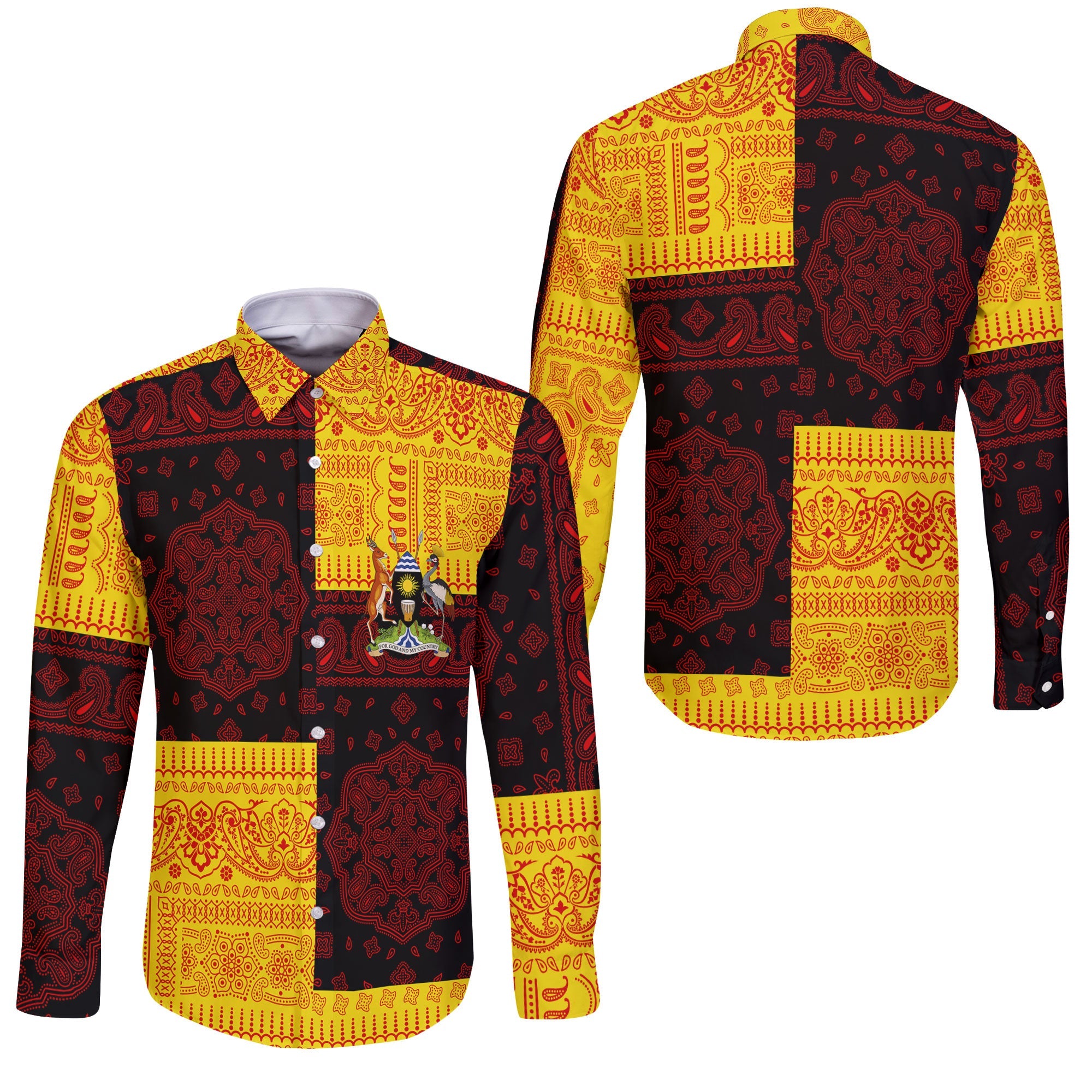 Uganda Long Sleeve Button Shirt Flag And Paisley Basic Style 3