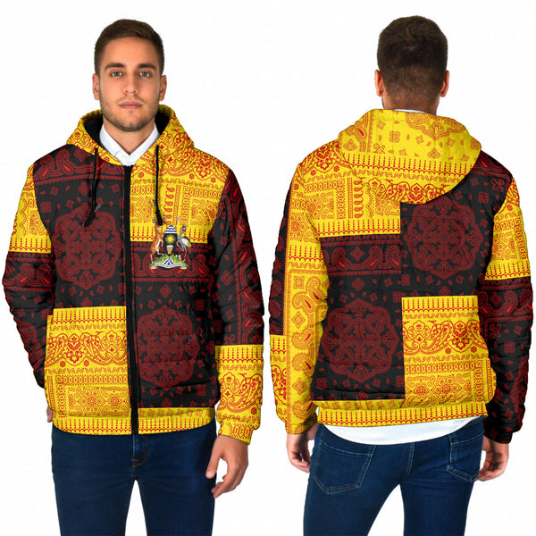 Uganda Men Hooded Padded Jacket Flag And Paisley Basic Style 1