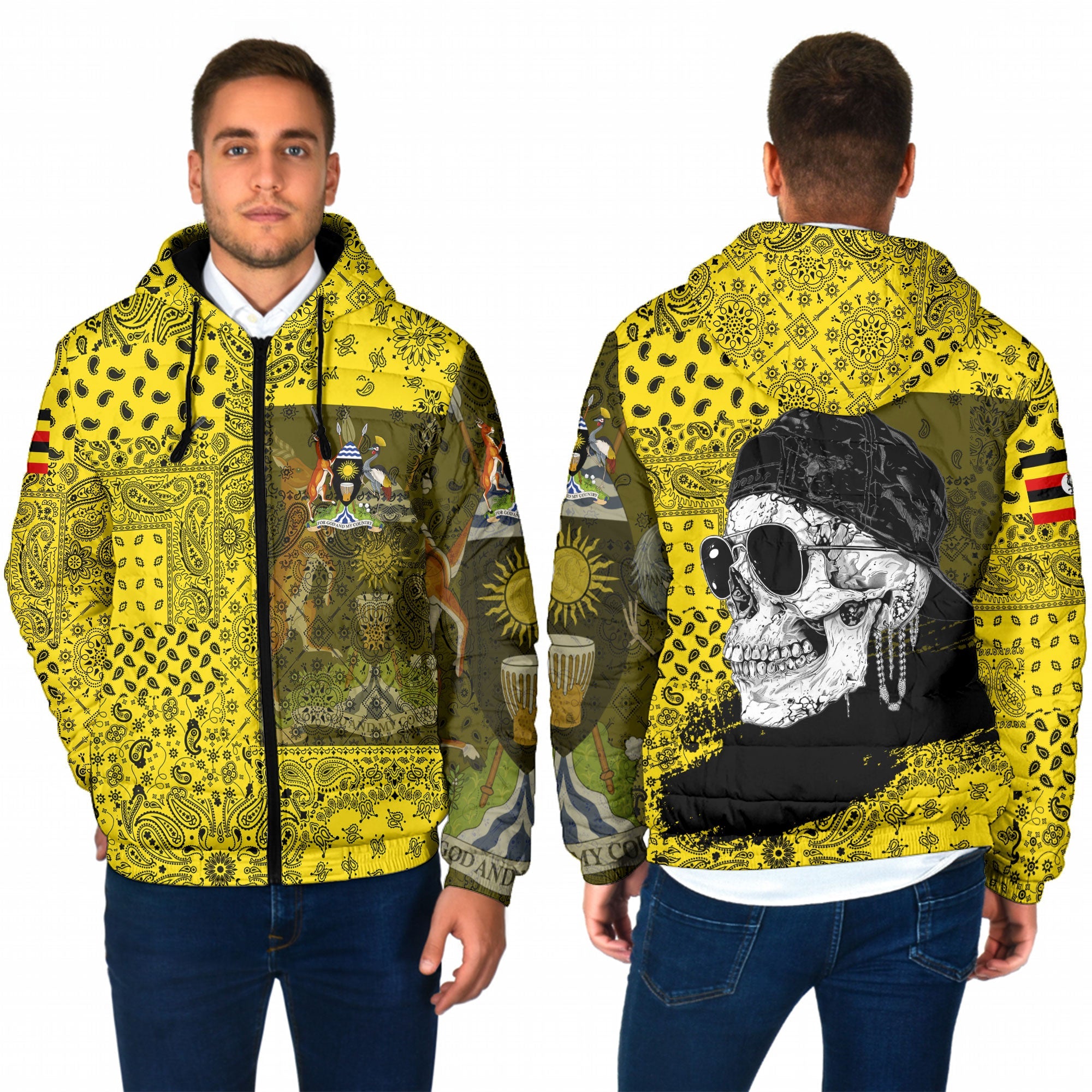 Uganda Men Hooded Padded Jacket Paisley Flag And Skull Style 1