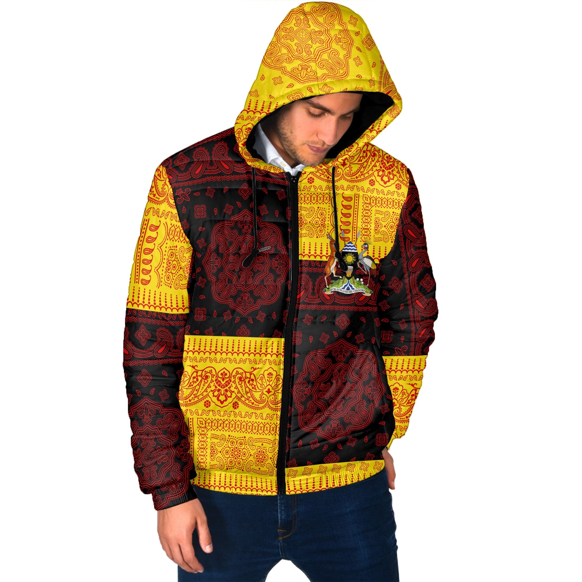 Uganda Men Hooded Padded Jacket Flag And Paisley Basic Style 2