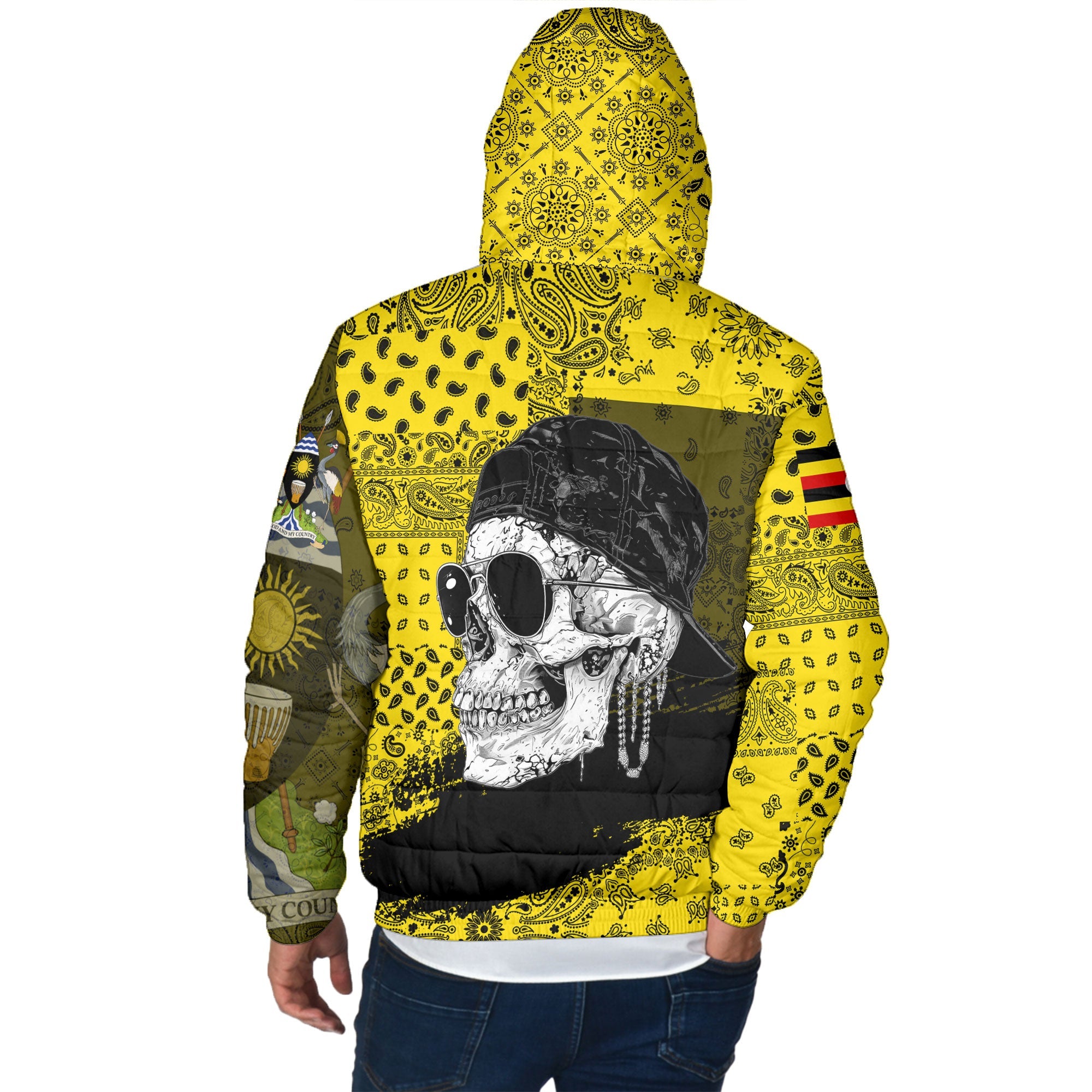 Uganda Men Hooded Padded Jacket Paisley Flag And Skull Style 3