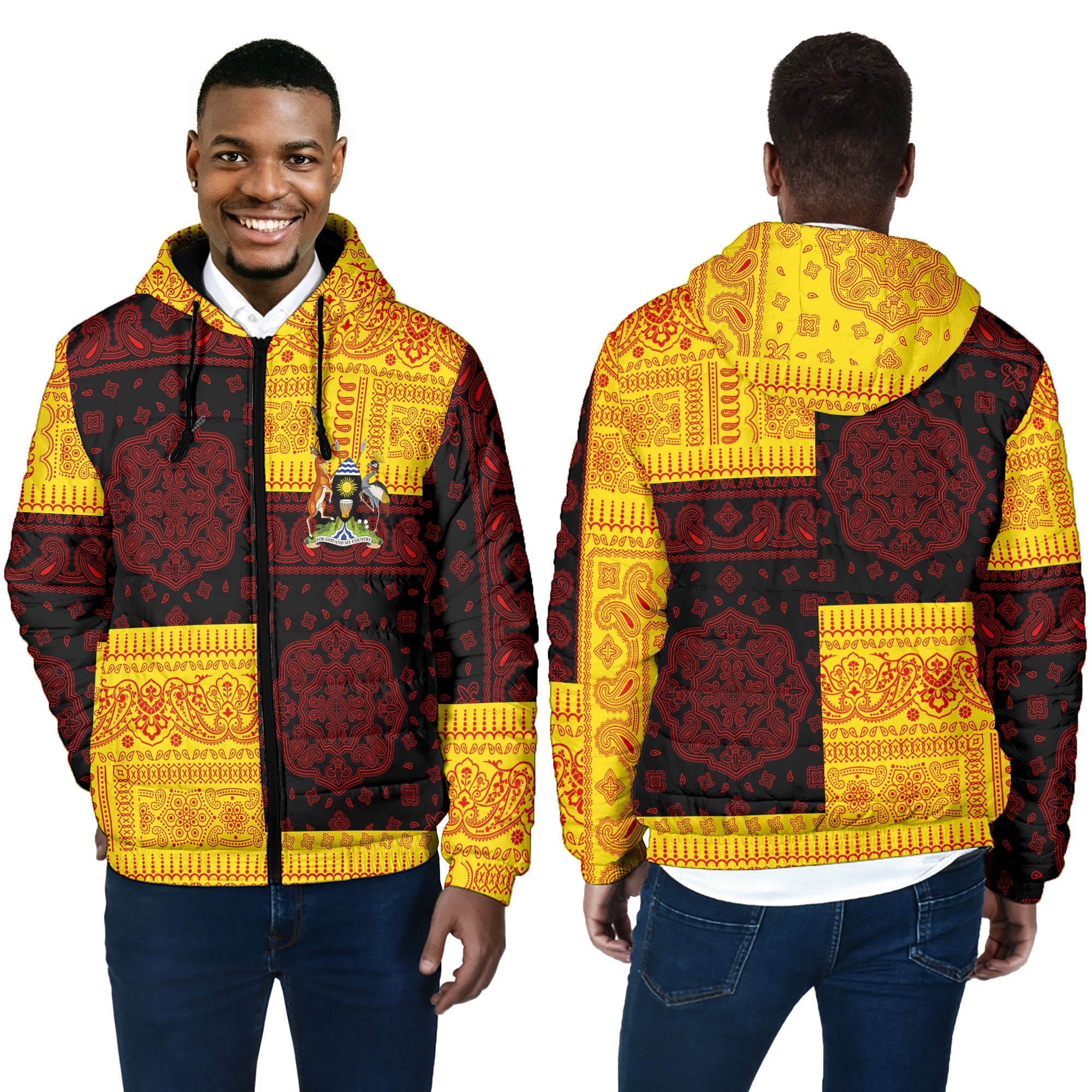 Uganda Men Hooded Padded Jacket Flag And Paisley Basic Style 4