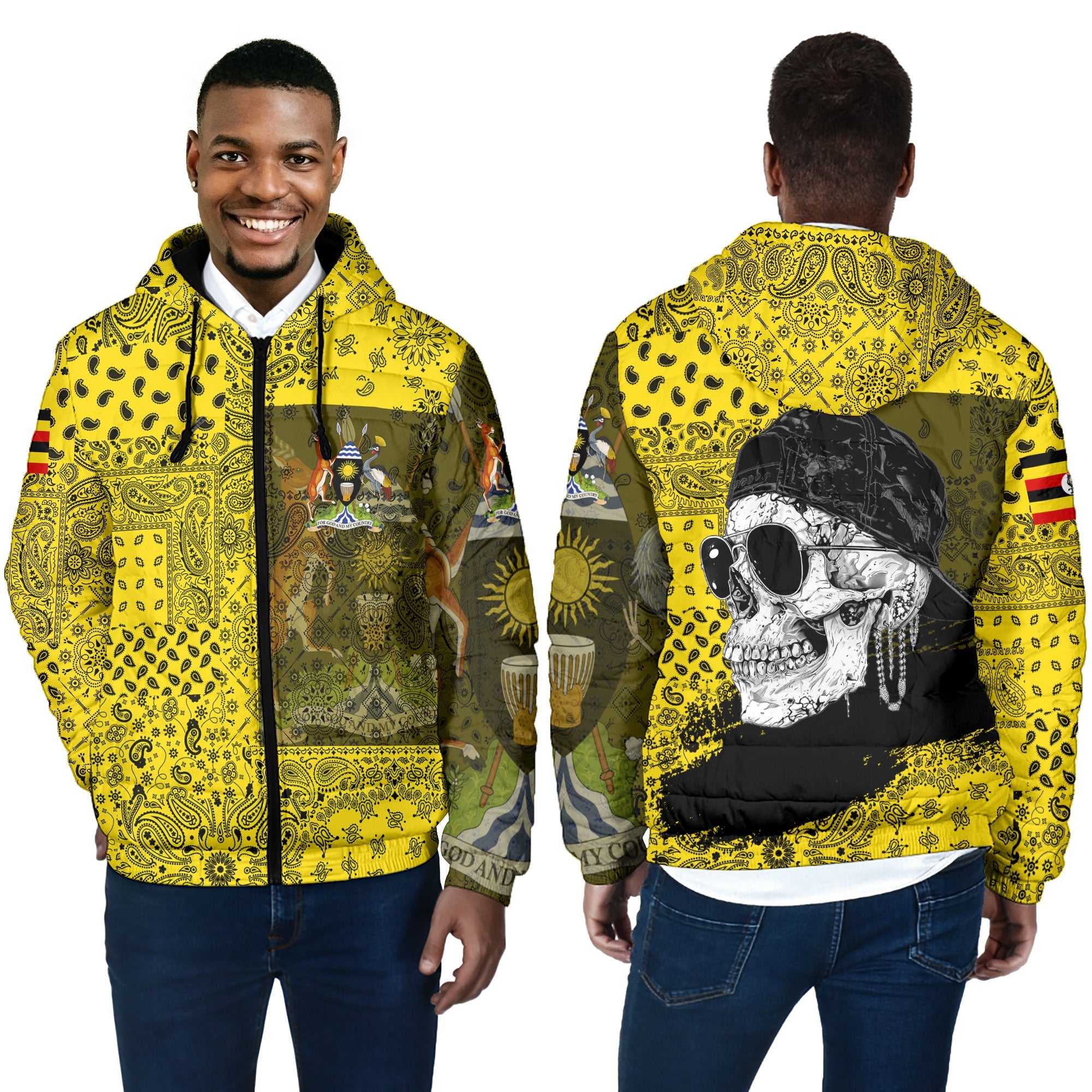 Uganda Men Hooded Padded Jacket Paisley Flag And Skull Style 4