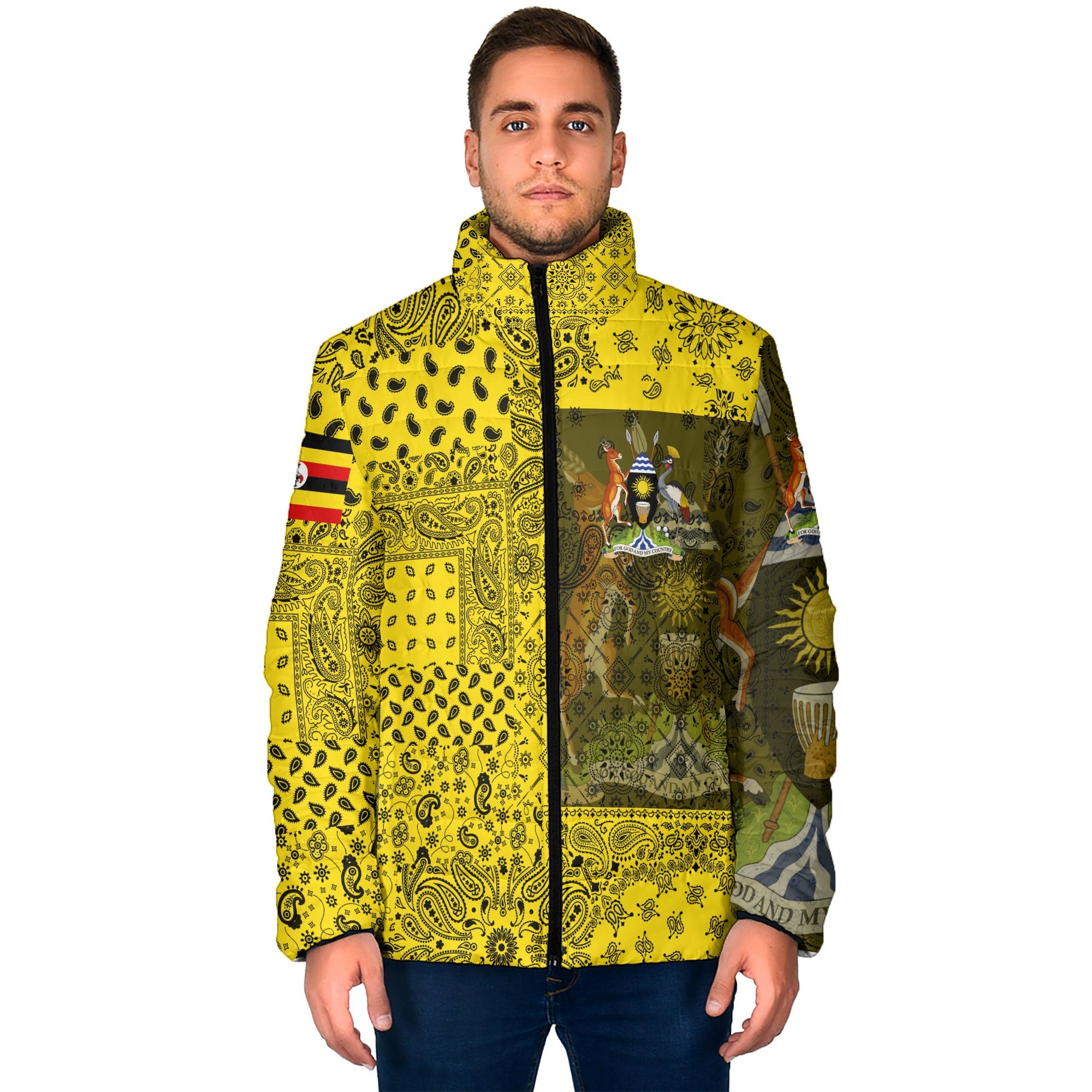 Uganda Men Padded Jacket Paisley Flag And Skull Style 1