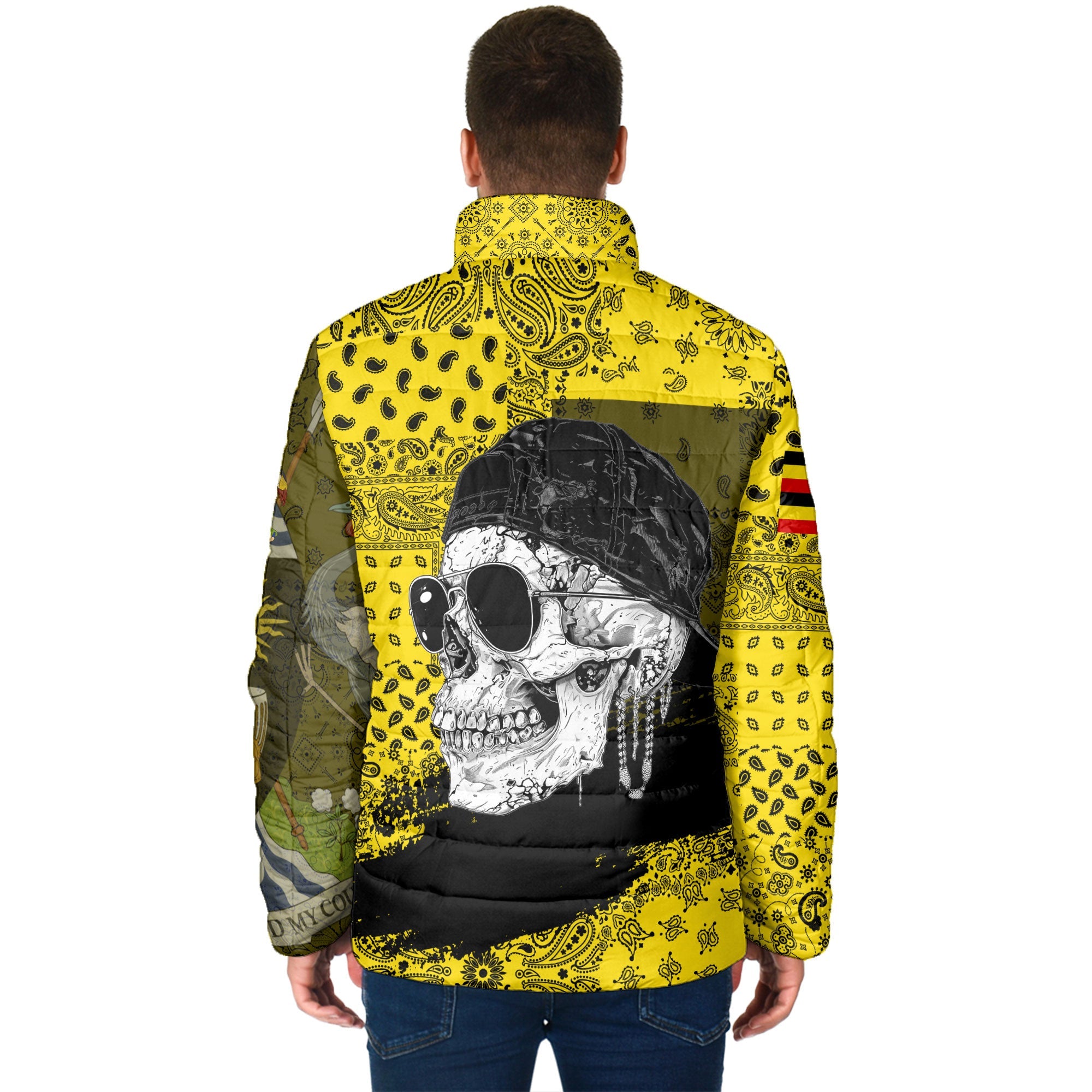 Uganda Men Padded Jacket Paisley Flag And Skull Style 2