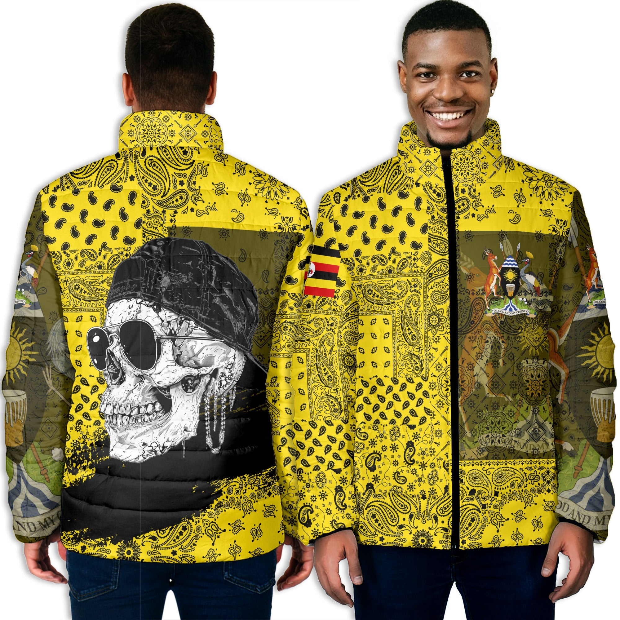 Uganda Men Padded Jacket Paisley Flag And Skull Style 3