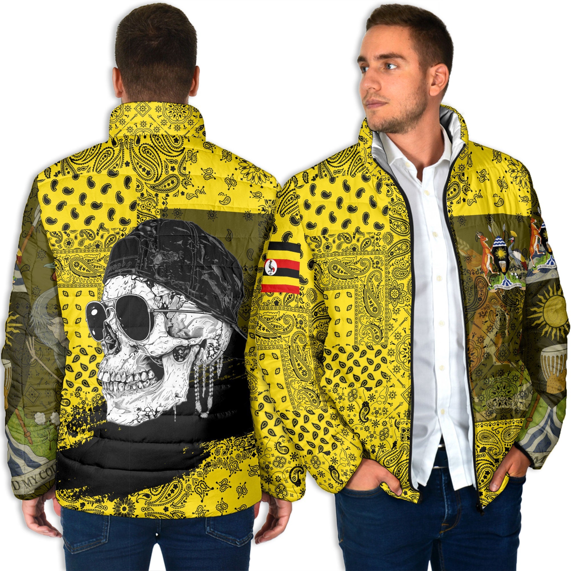 Uganda Men Padded Jacket Paisley Flag And Skull Style 4