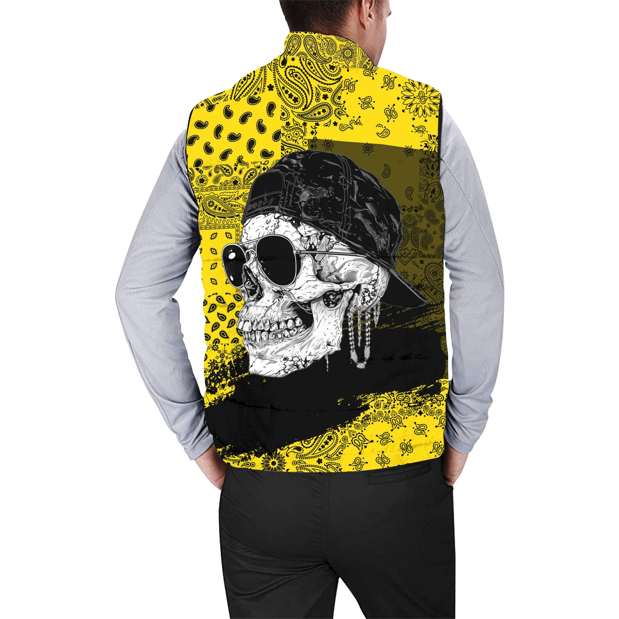 Uganda Men Padded Jacket Vest Paisley Flag And Skull Style 2