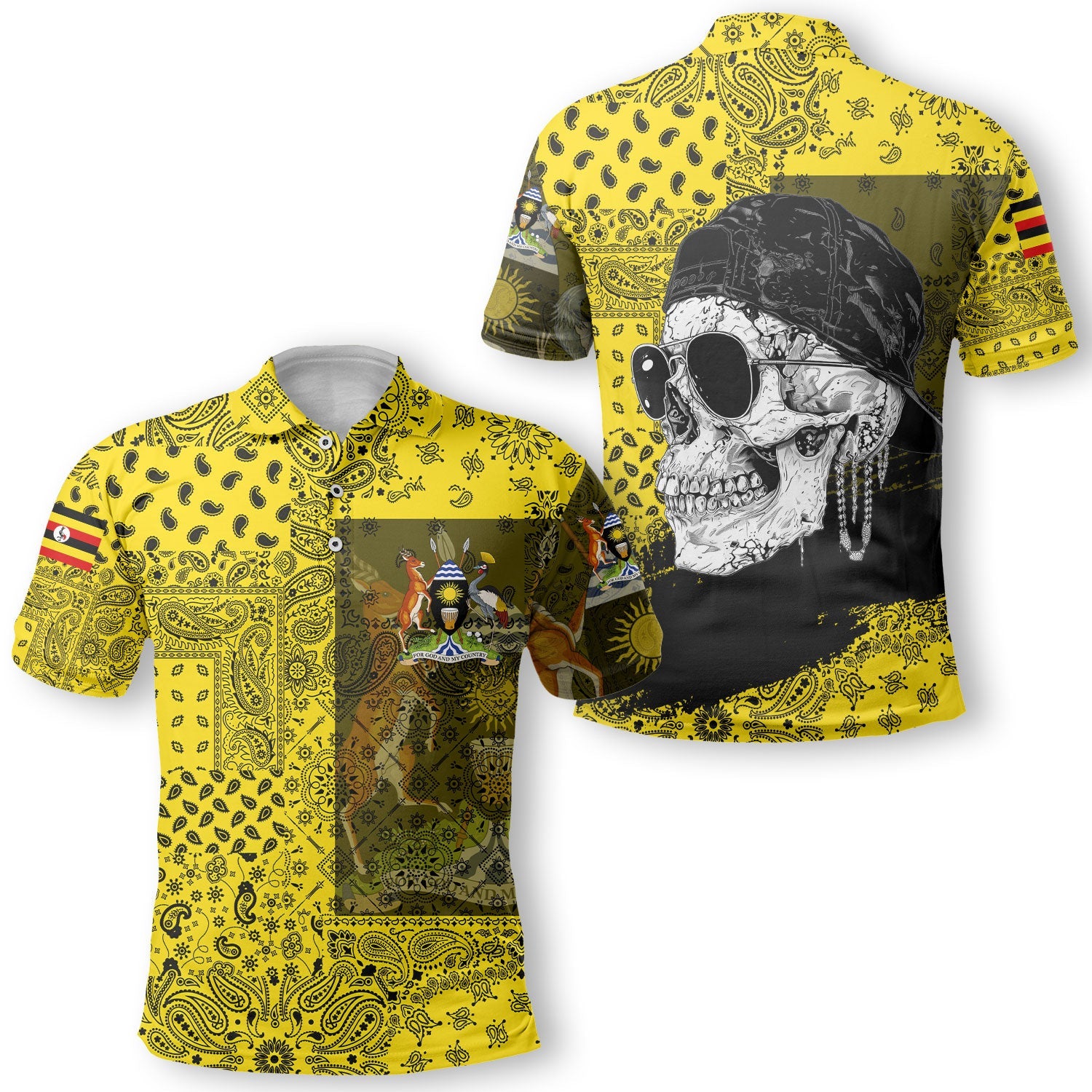 Uganda Polo Shirt Paisley Flag And Skull Style 1